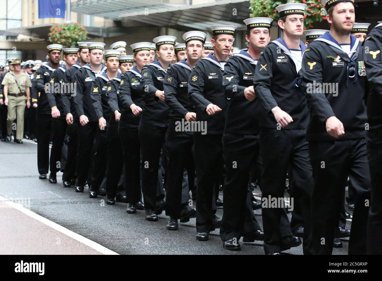 Royal Australian Navy (RAN) from HMAS Parramatta march along