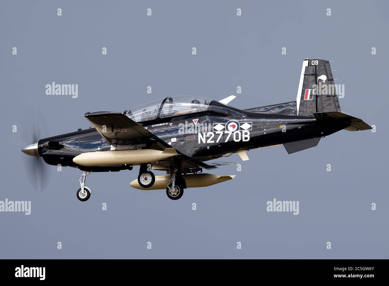 Beechcraft T-6C Texan II single engine military training aircraft on approach to land at Avalon Airport on its journey to be delivered to the Royal Ne Stock Photo
