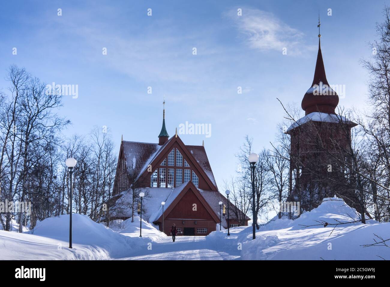 Kiruna Church in the shape of a Sami goahti in Kiruna, Sweden, and is one of Sweden's largest wooden buildings. Gothic Revival style Stock Photo