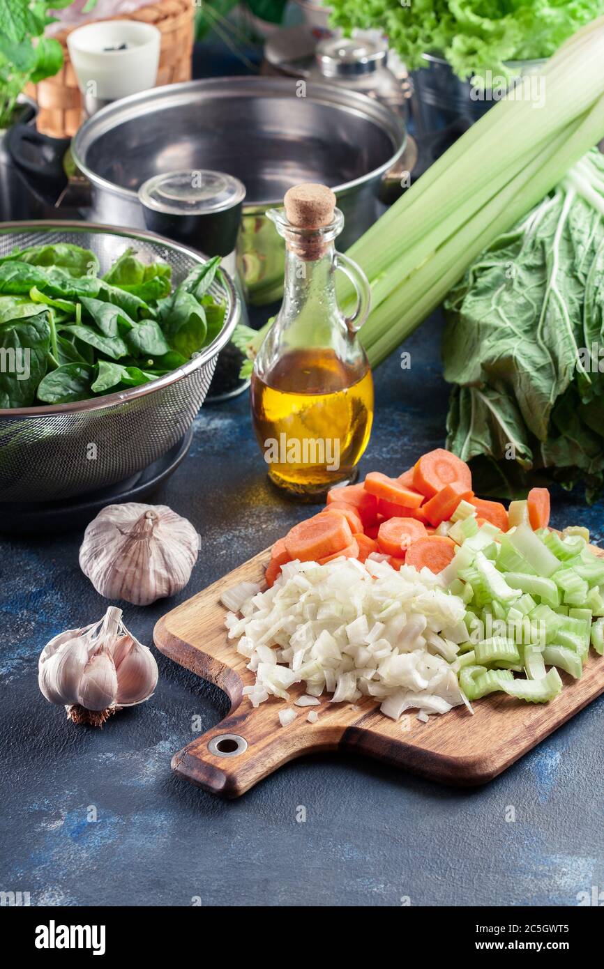 Vegetables ready for preparing Italian wedding soup. Carrot, celery and ...