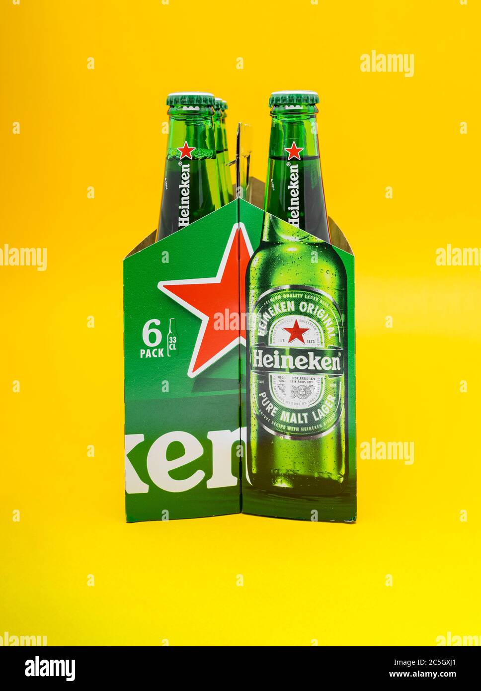 Sankt-Petersburg, Russia, Fenruary 02, 2020: Six pack of Heineken light lager beer on yellow background Stock Photo