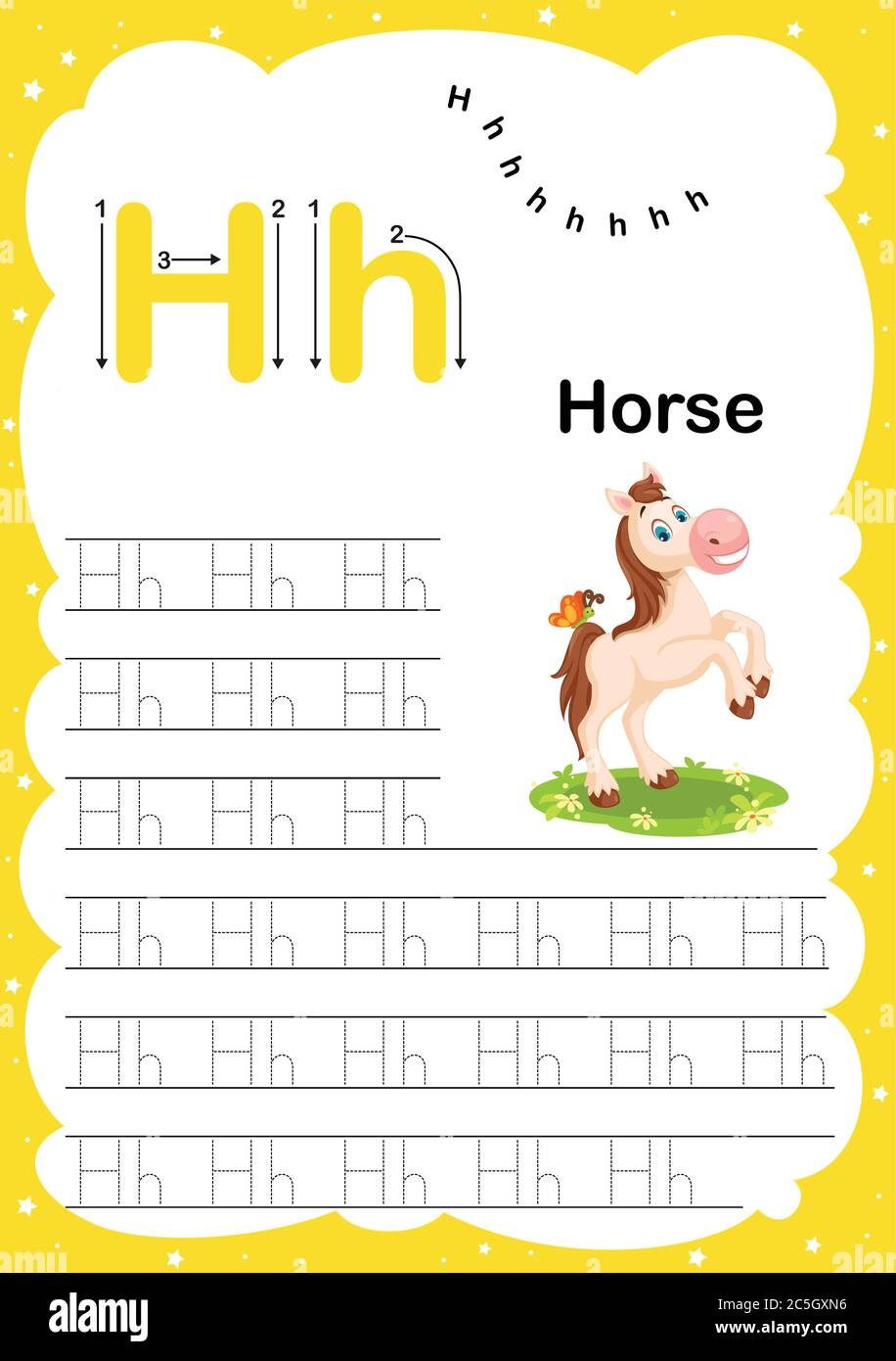 colorful letter h uppercase and lowercase alphabet a z tracing and writing daily printable a4 practice worksheet with cute cartoon animals vector i stock vector image art alamy