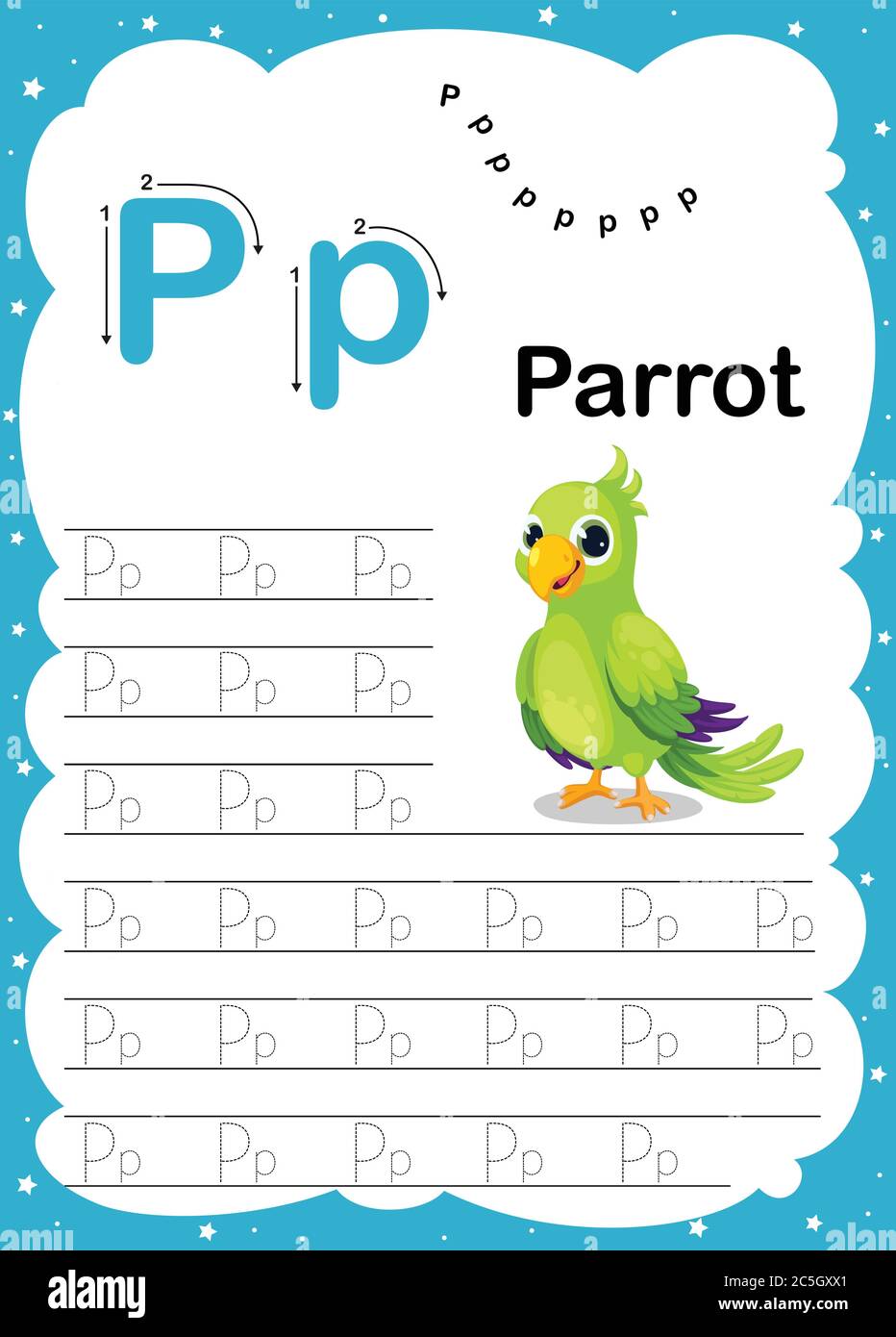 Colorful letter P Uppercase and Lowercase alphabet A-Z, Tracing and writing daily printable A4 practice worksheet with cute cartoon animals - vector i Stock Vector