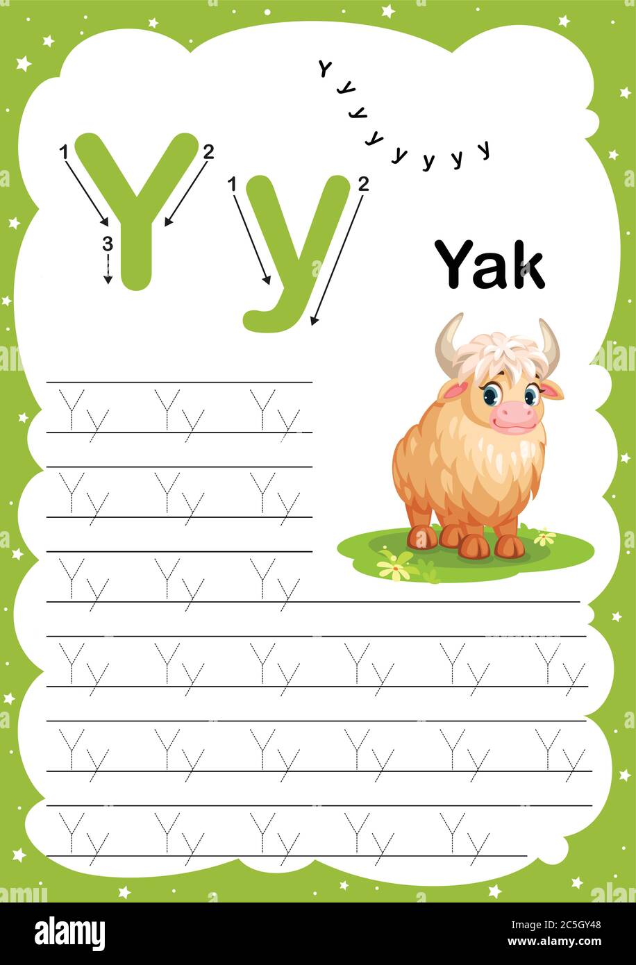Colorful letter Y Uppercase and Lowercase alphabet A-Z, Tracing and writing  daily printable A4 practice worksheet with cute cartoon animals - vector i  Stock Vector Image & Art - Alamy