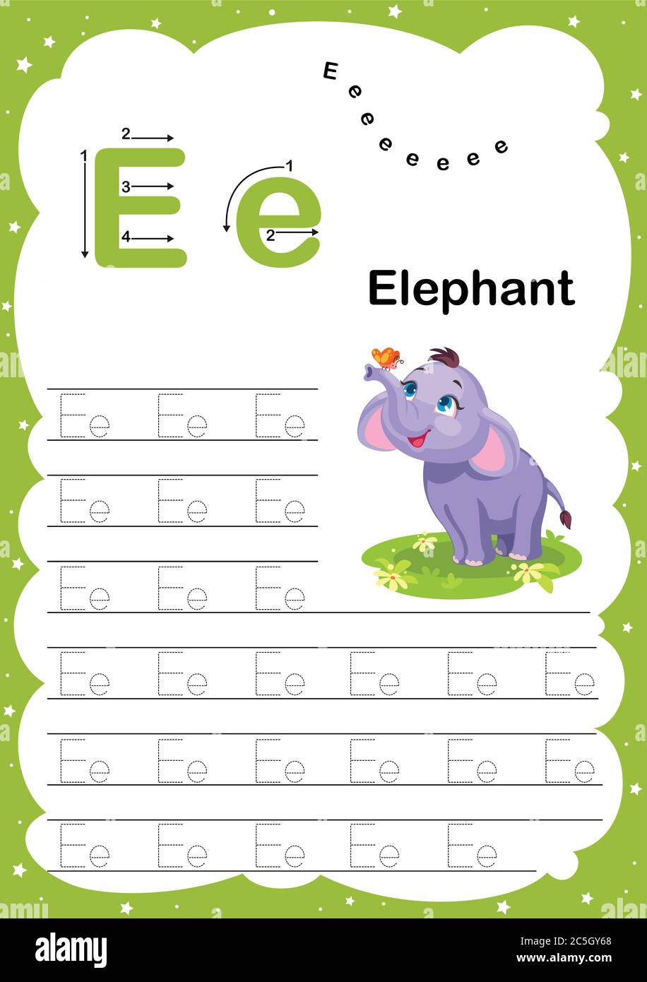 Colorful letter E Uppercase and Lowercase alphabet A-Z, Tracing and writing  daily printable A4 practice worksheet with cute cartoon animals - vector i  Stock Vector Image & Art - Alamy