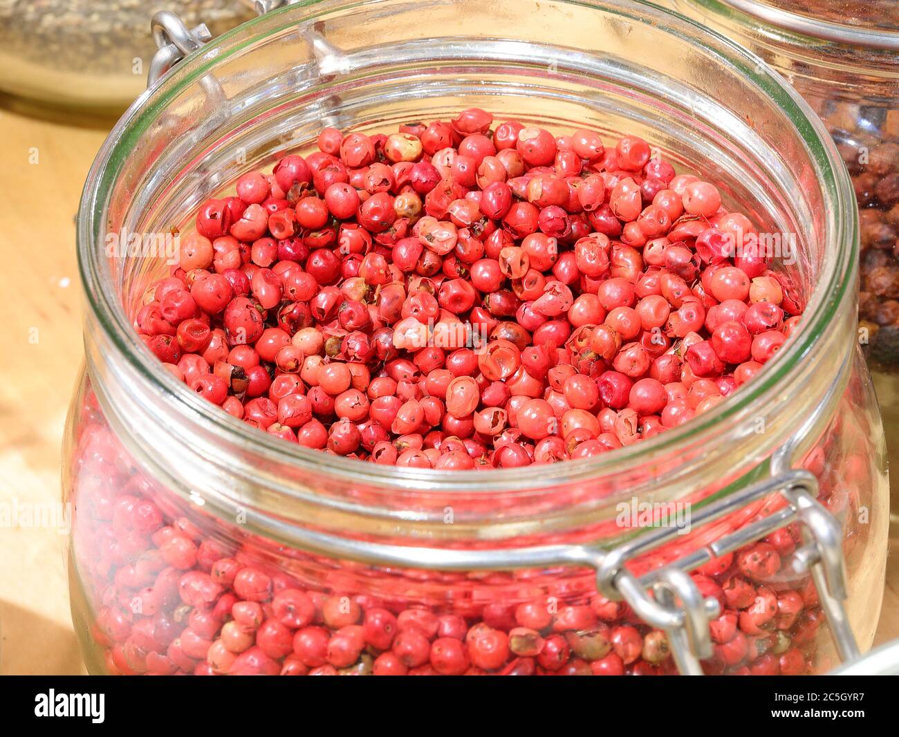 glass jar with red pepper for sale in the grocery Stock Photo