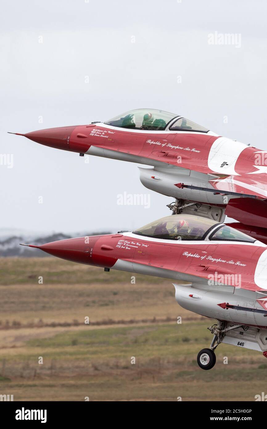 Republic of Singapore Air Force (RSAF) Lockheed Martin F-16CJ Fighting Falcon fighter aircraft of the Black Knights display team. Stock Photo