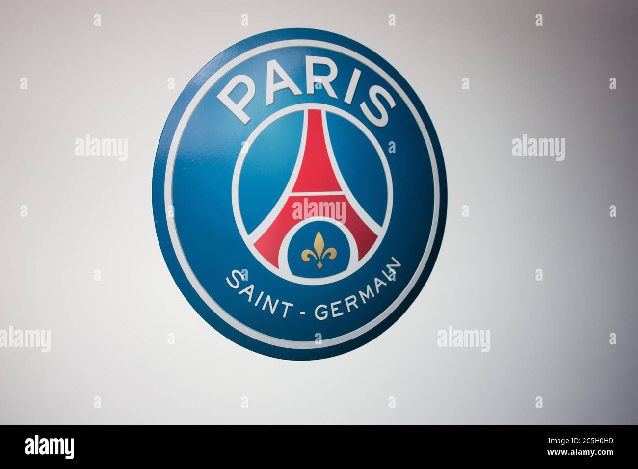 Paris , seine / France - 06 20 2020 : psg logo sign on wall of Paris Saint Germain football club Stock Photo