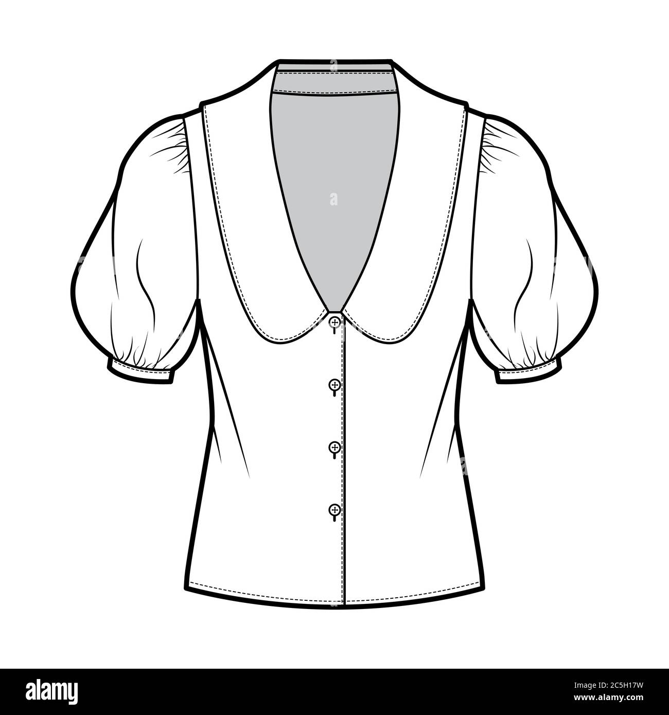 Blouse technical fashion illustration with collar framing V neck, oversized medium puffed sleeves and body. Flat apparel template front, white color. Women, men unisex garment CAD mockup for designer Stock Vector