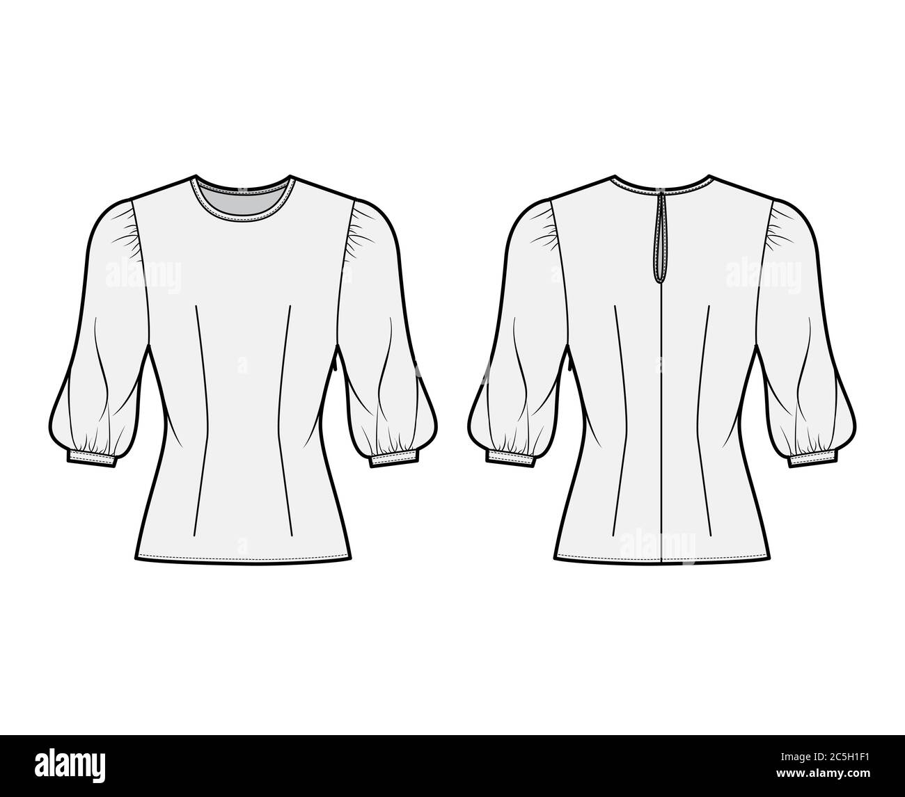Blouse technical fashion illustration with round neckline, puffy mutton sleeves, fitted body. Flat apparel template front, back grey color. Women, men unisex CAD garment designer mockup Stock Vector