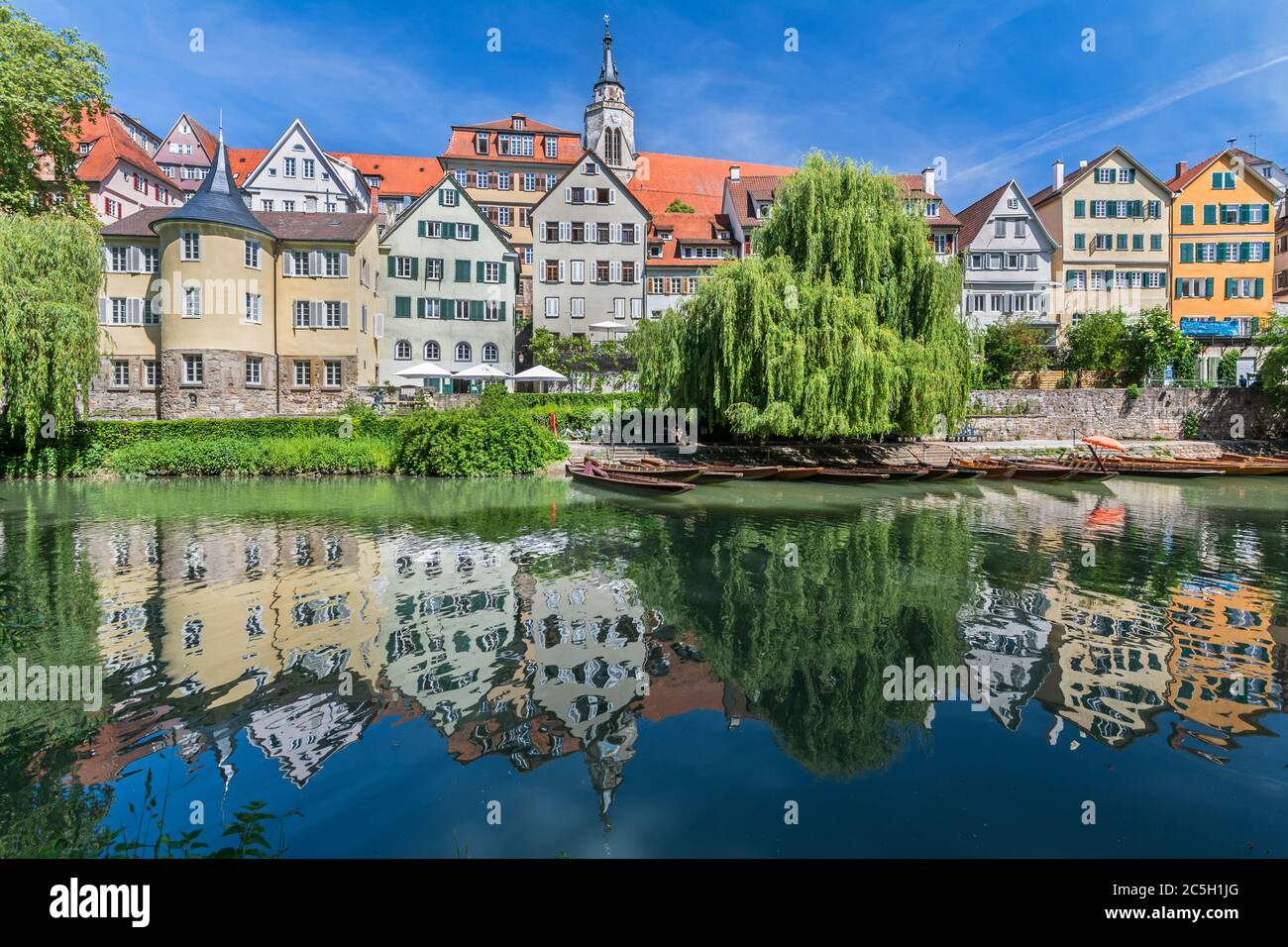 View of the historic old town of Tübingen, Germany with scenic reflection of the houses in the water Stock Photo
