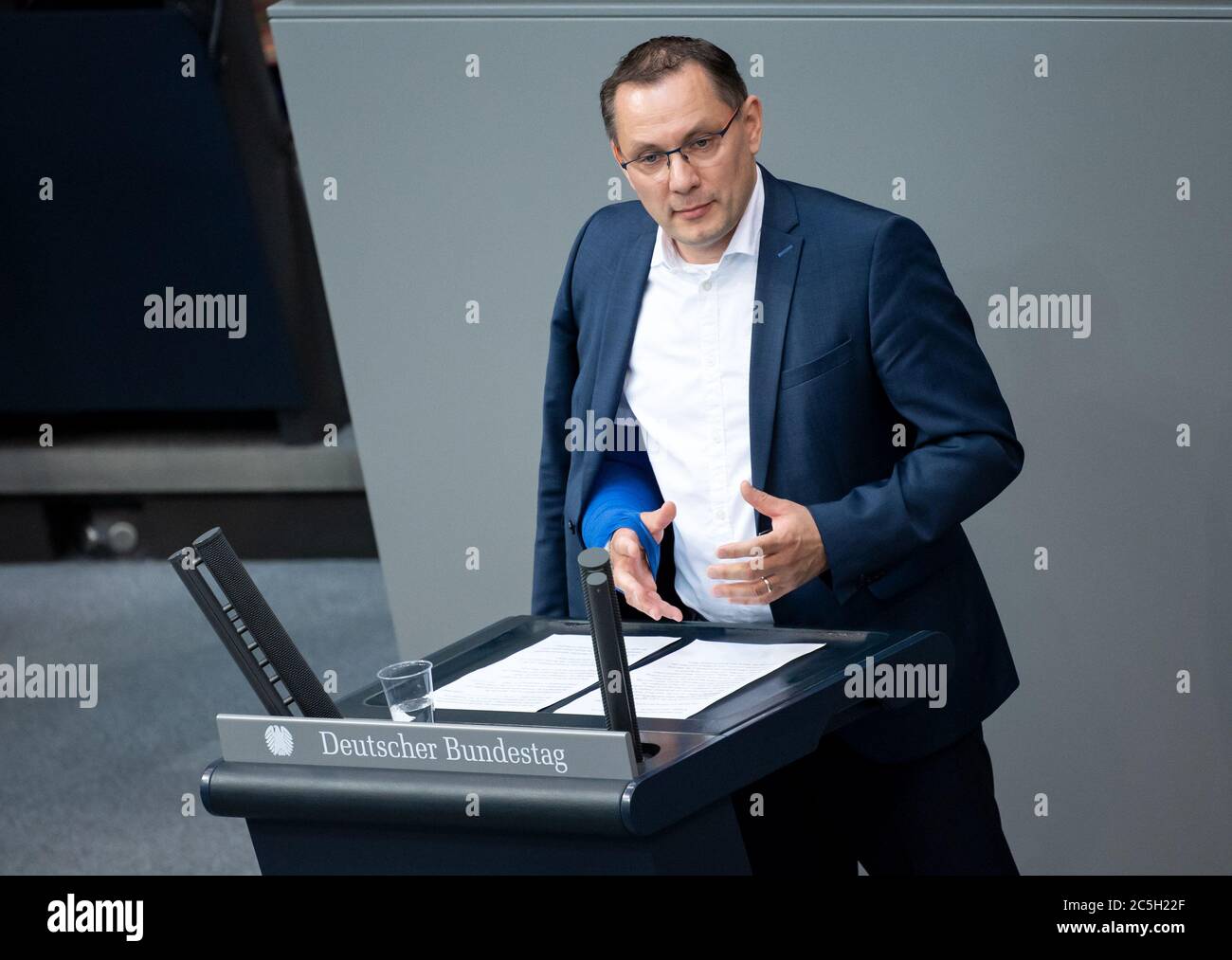 Berlin, Germany. 03rd July, 2020. Tino Chrupalla (AfD) speaks in the plenary session of the German Bundestag. The main topics of the 171st session of the 19th legislative period are the adoption of the Coal Exit Act, a topical hour on the excesses of violence in Stuttgart, as well as debates on electoral law reform, the protection of electronic patient data, the welfare of farm animals and the German chairmanship of the UN Security Council. Credit: Bernd von Jutrczenka/dpa/Alamy Live News Stock Photo