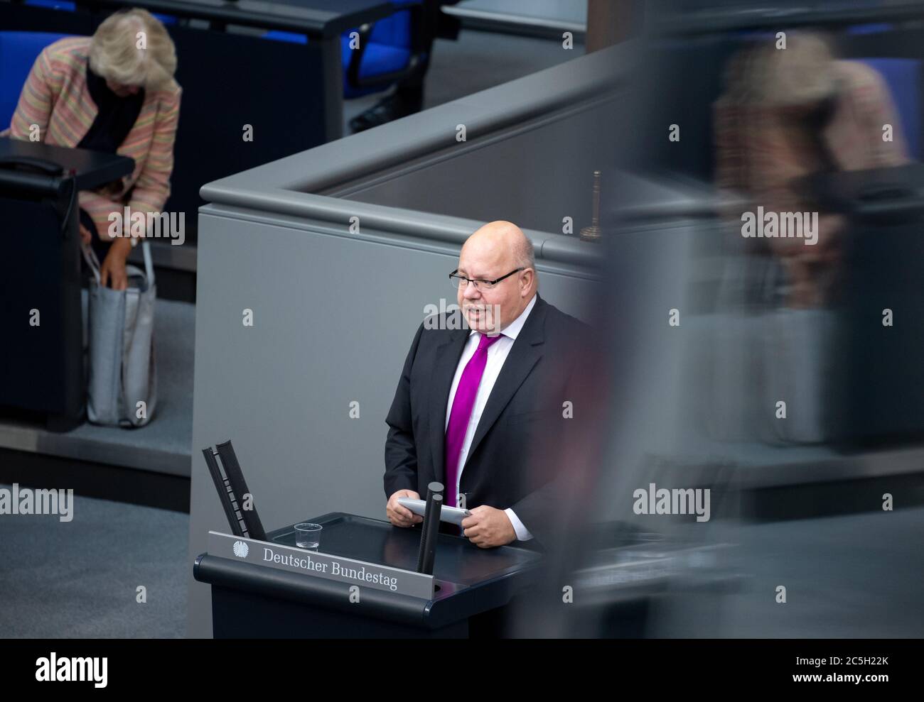 Berlin, Germany. 03rd July, 2020. Peter Altmaier (CDU), Federal Minister of Economics and Energy, speaks in the plenary session of the German Bundestag. The main topics of the 171st session of the 19th legislative period will be the adoption of the Coal Exit Act, a topical hour on the excesses of violence in Stuttgart, as well as debates on electoral law reform, the protection of electronic patient data, the welfare of farm animals and the German chairmanship of the UN Security Council. Credit: Bernd von Jutrczenka/dpa/Alamy Live News Stock Photo