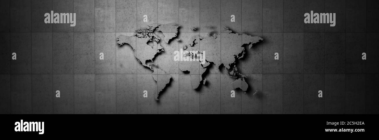 World map in front of concrete wall Banner Stock Photo