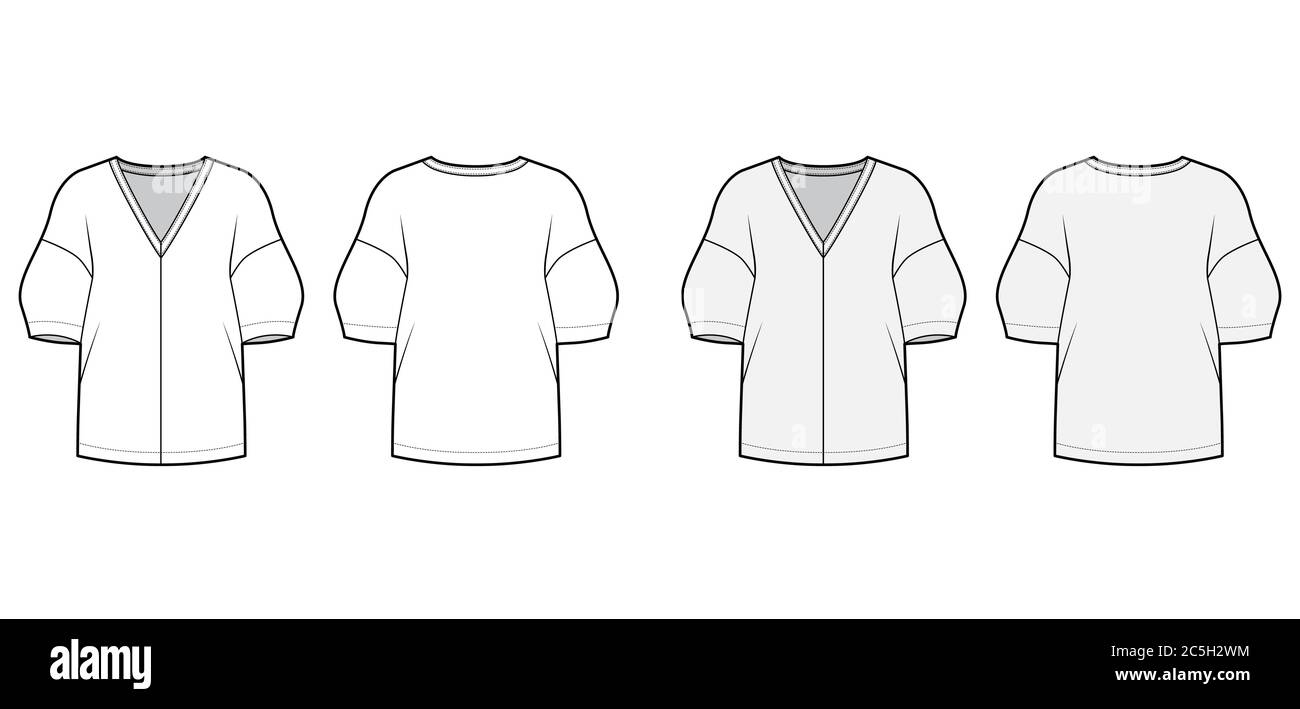 Blouse technical fashion illustration set with deep V neck, dropped shoulders and side slits elbow sleeves, loose silhouette. Flat apparel template front back grey white color. Women men unisex mockup Stock Vector