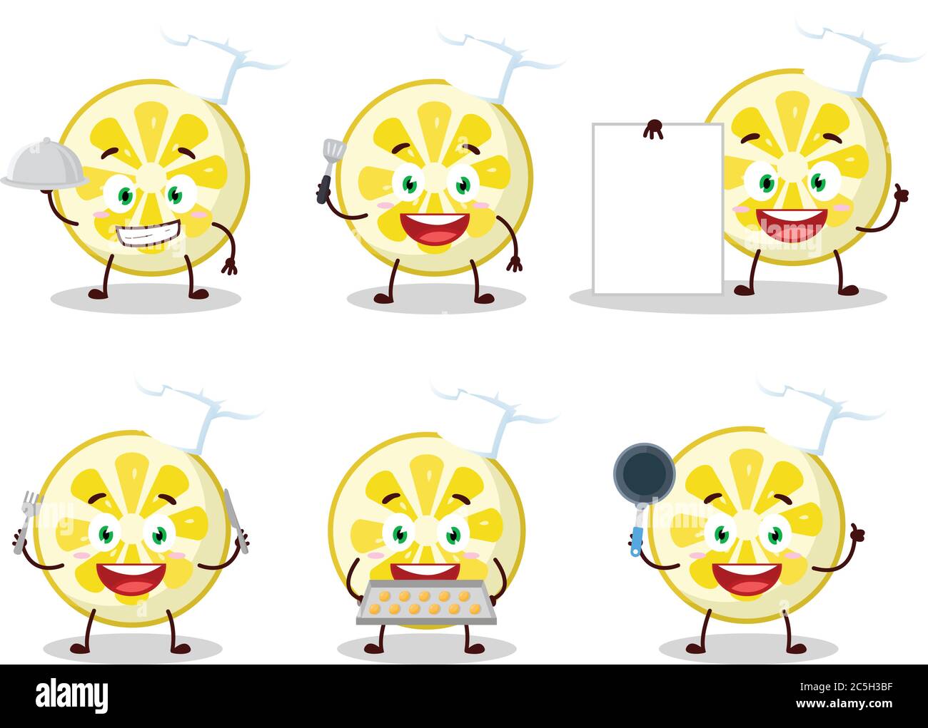 Cartoon character of lemon slice with various chef emoticons Stock ...