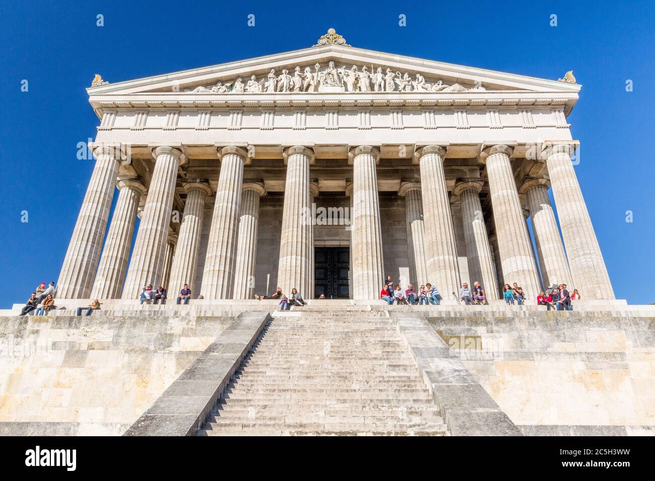 Close up / front view of Walhalla - hall of fame of german personalities. View on stairs and columns / pillars. Example of classicism. Monument. Stock Photo