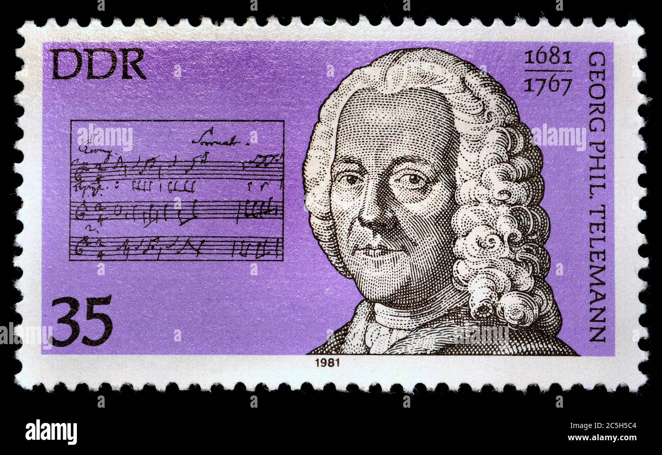 East German postage stamp (1981) : Georg Philipp Telemann (1681 – 1767) German Baroque composer and multi-instrumentalist. Stock Photo