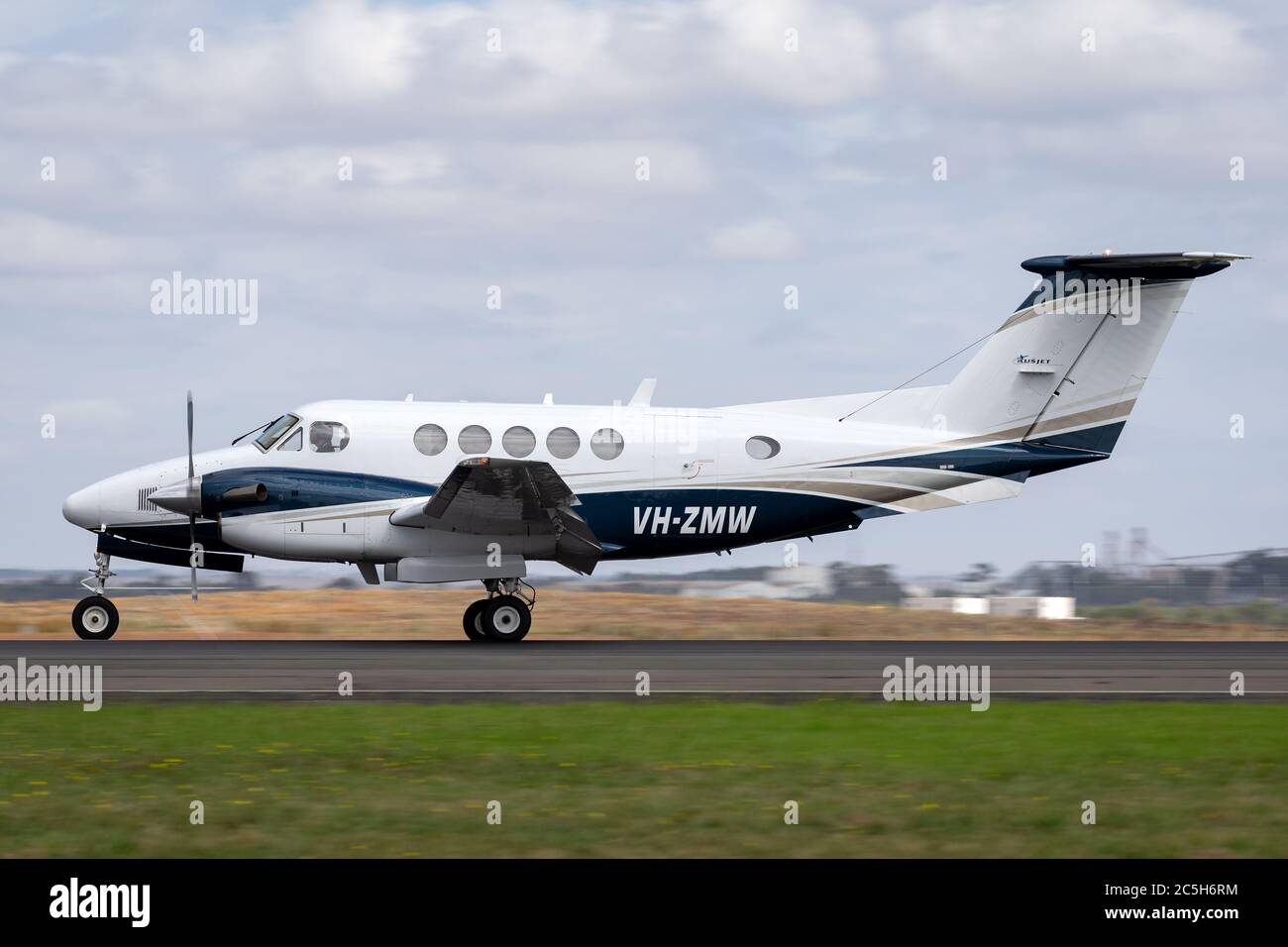 Beech B200 Super King Air twin engine turboprop aircraft on the runway at Avalon aIrport. Stock Photo