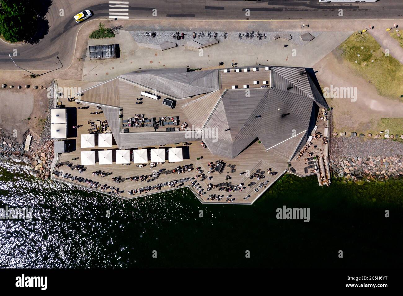 Helsinki, Finland - June 16, 2018: Aerial view of Loyly, modern wooden building, sauna and restaurant, Helsinki, Finland Stock Photo
