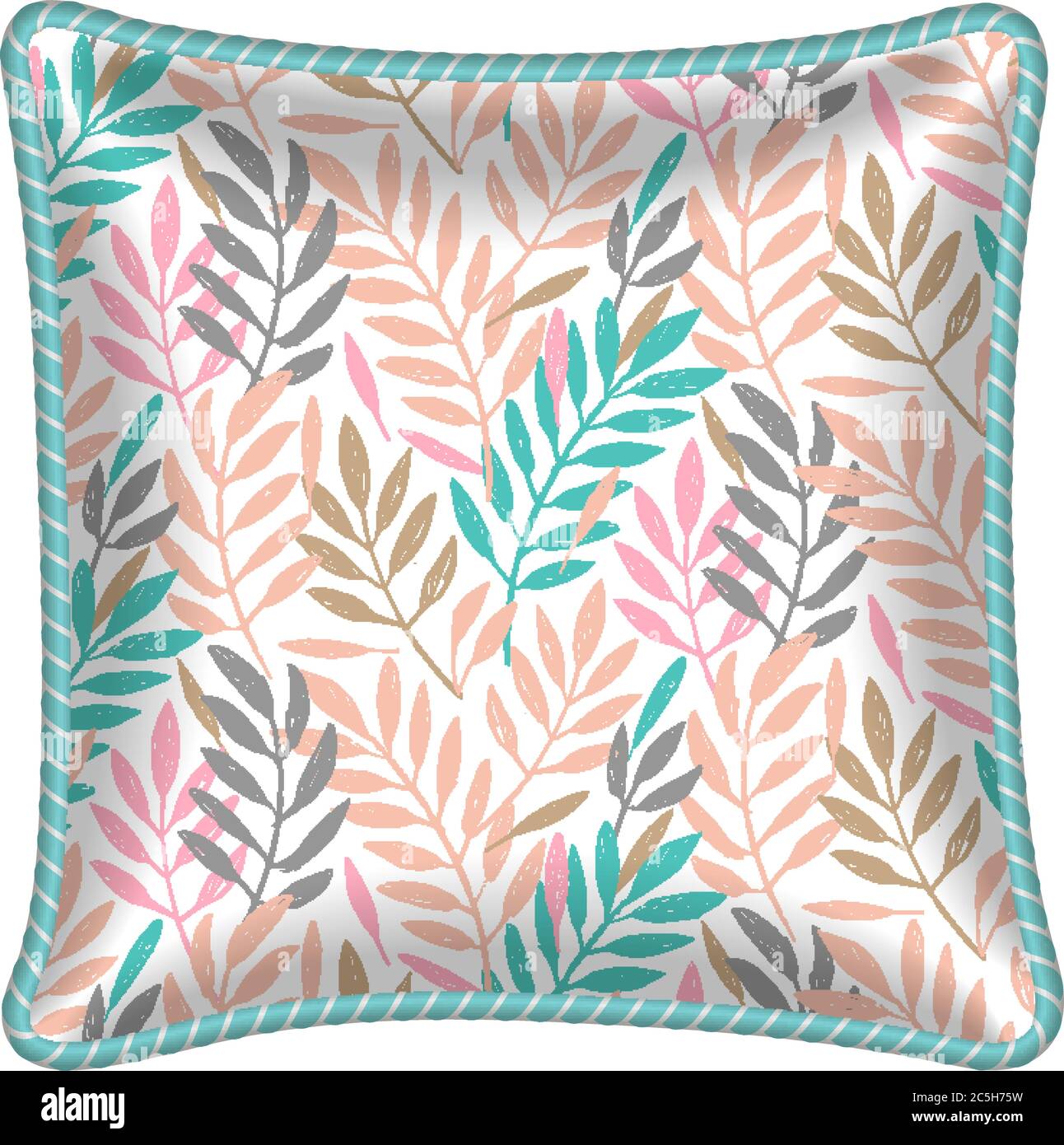 Decorative throw pillow with leaves pattern applied. Patterned cushion. Tropical leaves foliage pattern. Vector illustration. Stock Vector