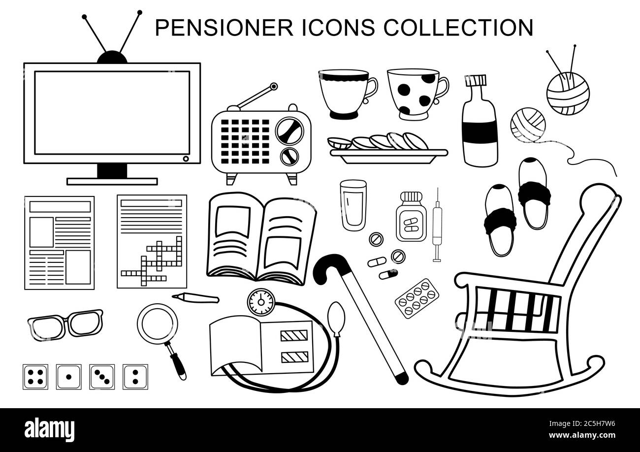 Vector set of icons an elderly man. Life and activities for a pensioner - a newspaper and a crossword puzzle, domino games and medicine. Isolated Stock Vector