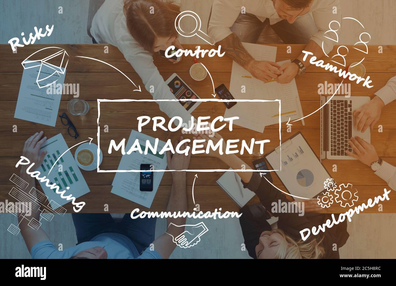 Project management inscription over working office team Stock Photo