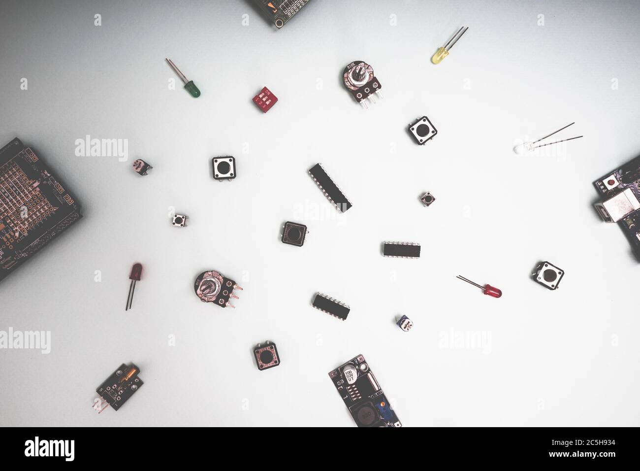 Micro eleectronics arduino DIY components on a light background, top ...