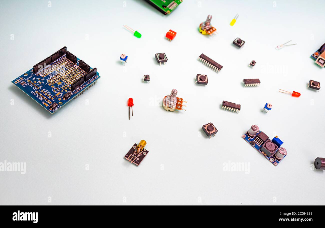 Micro eleectronics arduino DIY components on a light background, top ...
