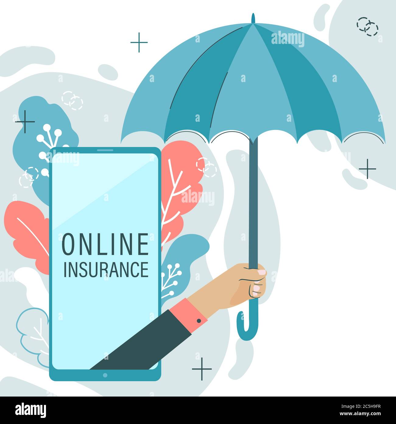 Hand holding umbrella from smartphone. Stock Vector