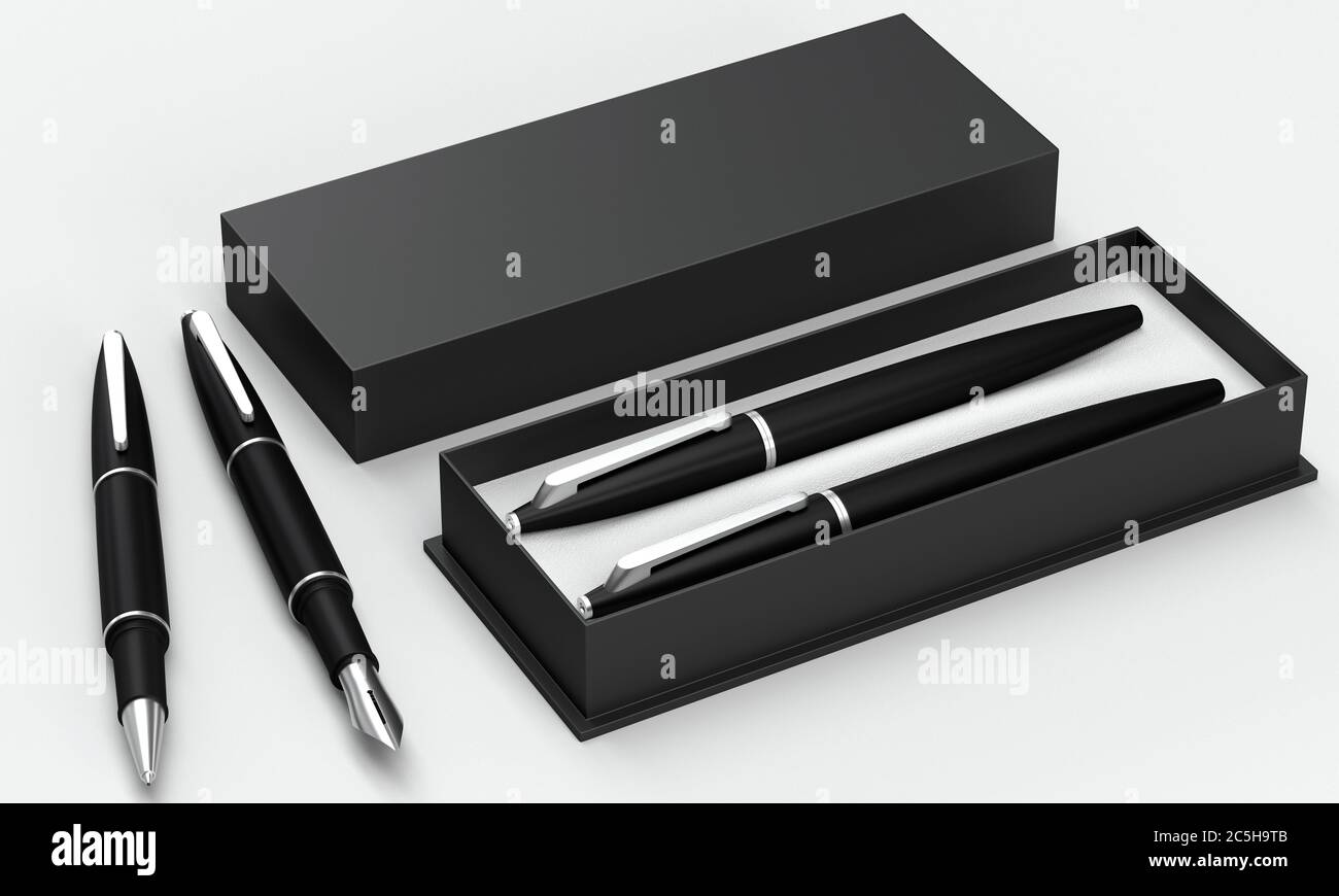 3d render writing set in a stylish box. Ball pen and ink pen on a ...