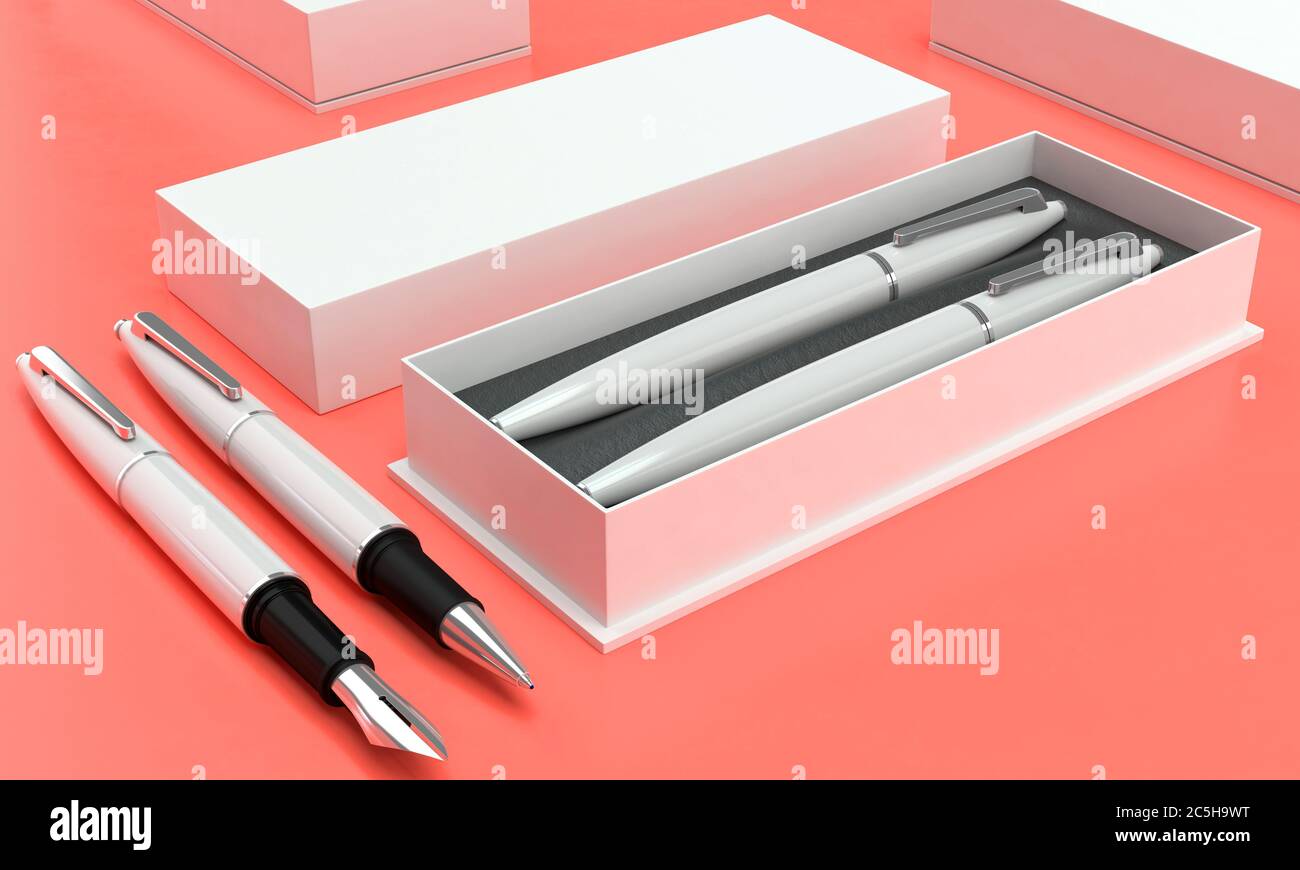 3d illustration render of a writing set. Ball pen and ink pen in a box ...