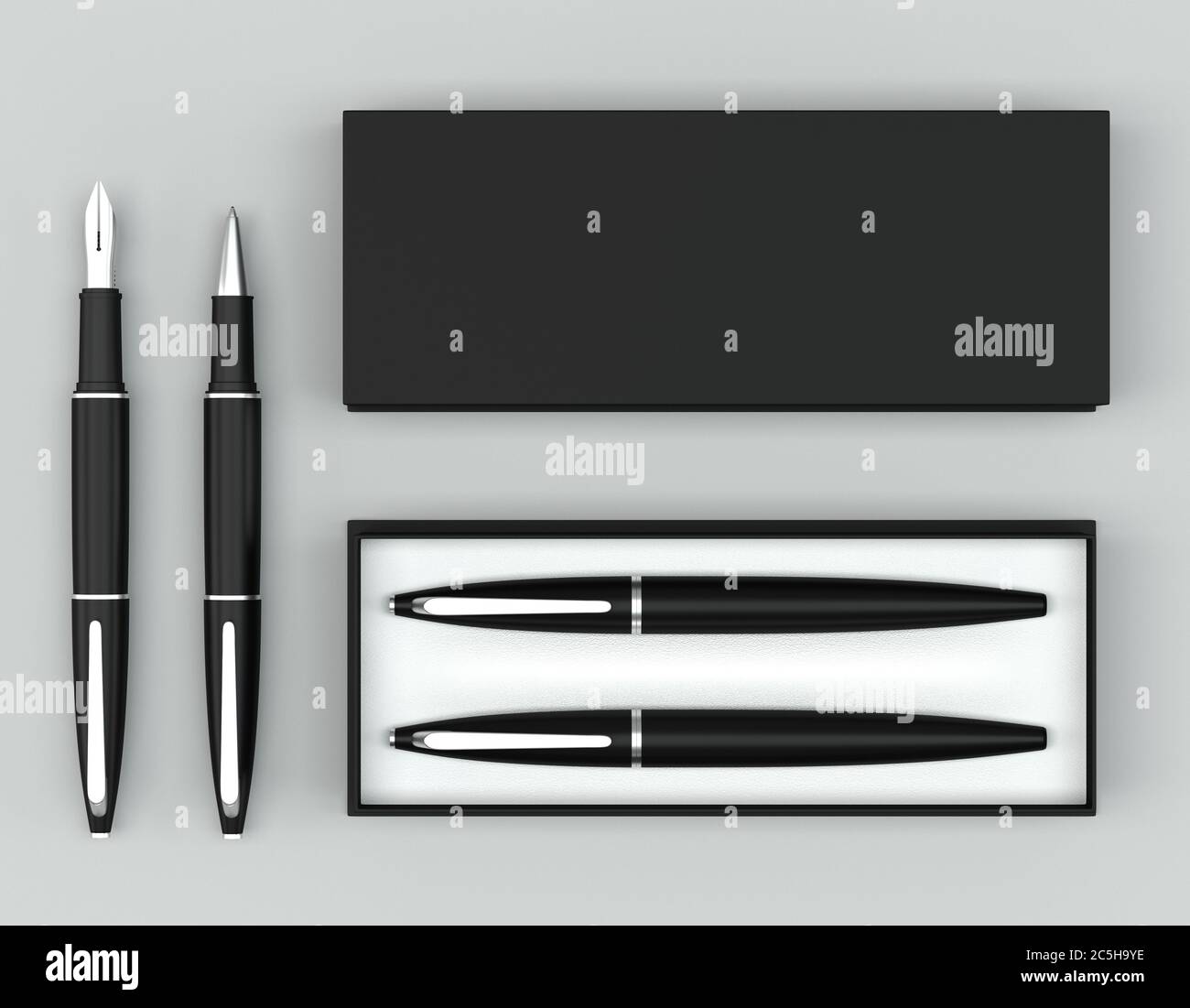 3d render writing set with a stylish box. Ball pen and ink pen on a ...
