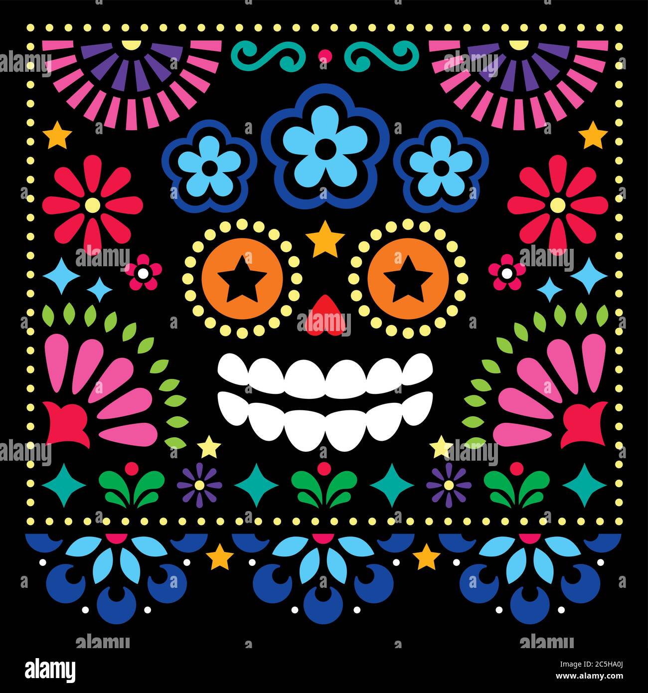 Mexican folk art vector folk art design with sugar skull and flowers, Halloween and Day of the Dead colorful pattern on black background Stock Vector