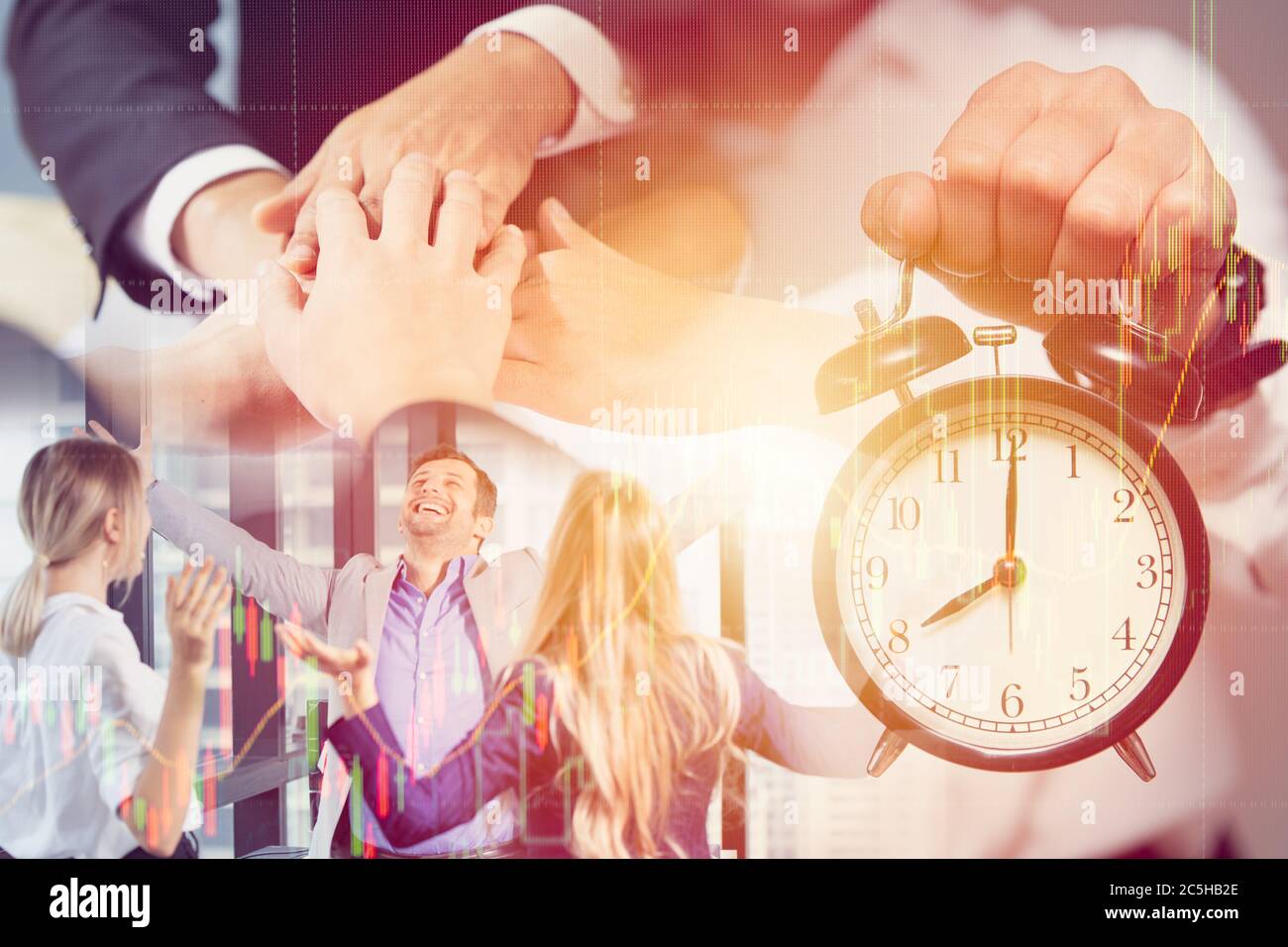 Times to unite fight together for business success concept, Businesspeople join hand montage with winner staff worker team and alarm time clock. Stock Photo