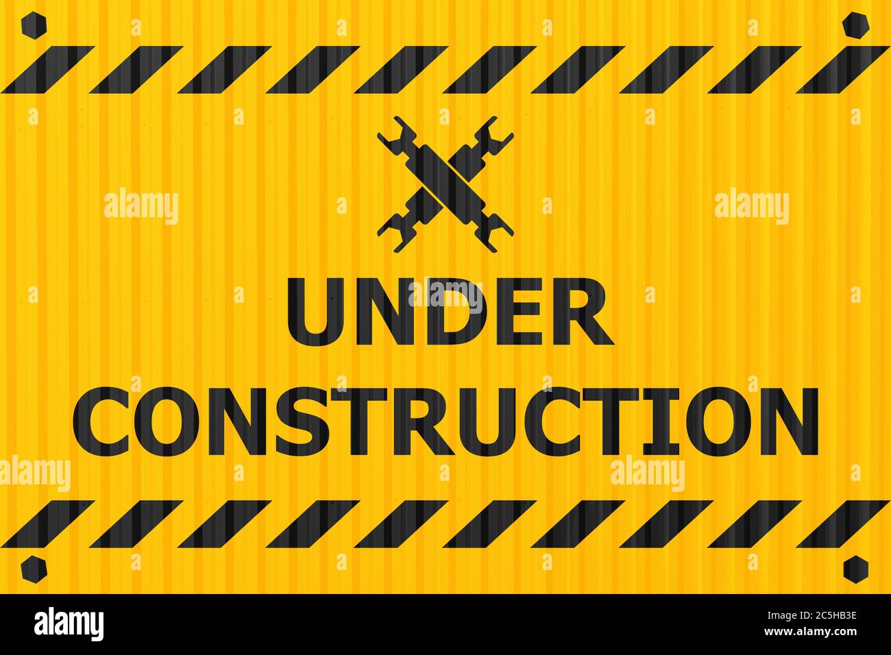 underconstruction banner logo label for construction site or website down notify warning industry steel plate style design. Stock Photo