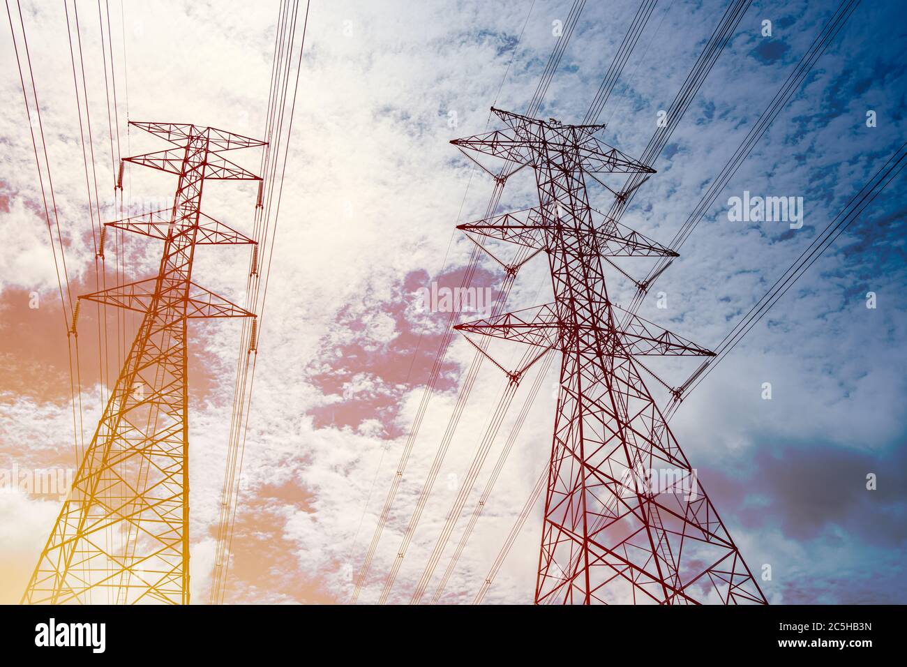 High voltage post Industry urban Electricity Power Transmission Lines Cable outdoor landscape. Stock Photo