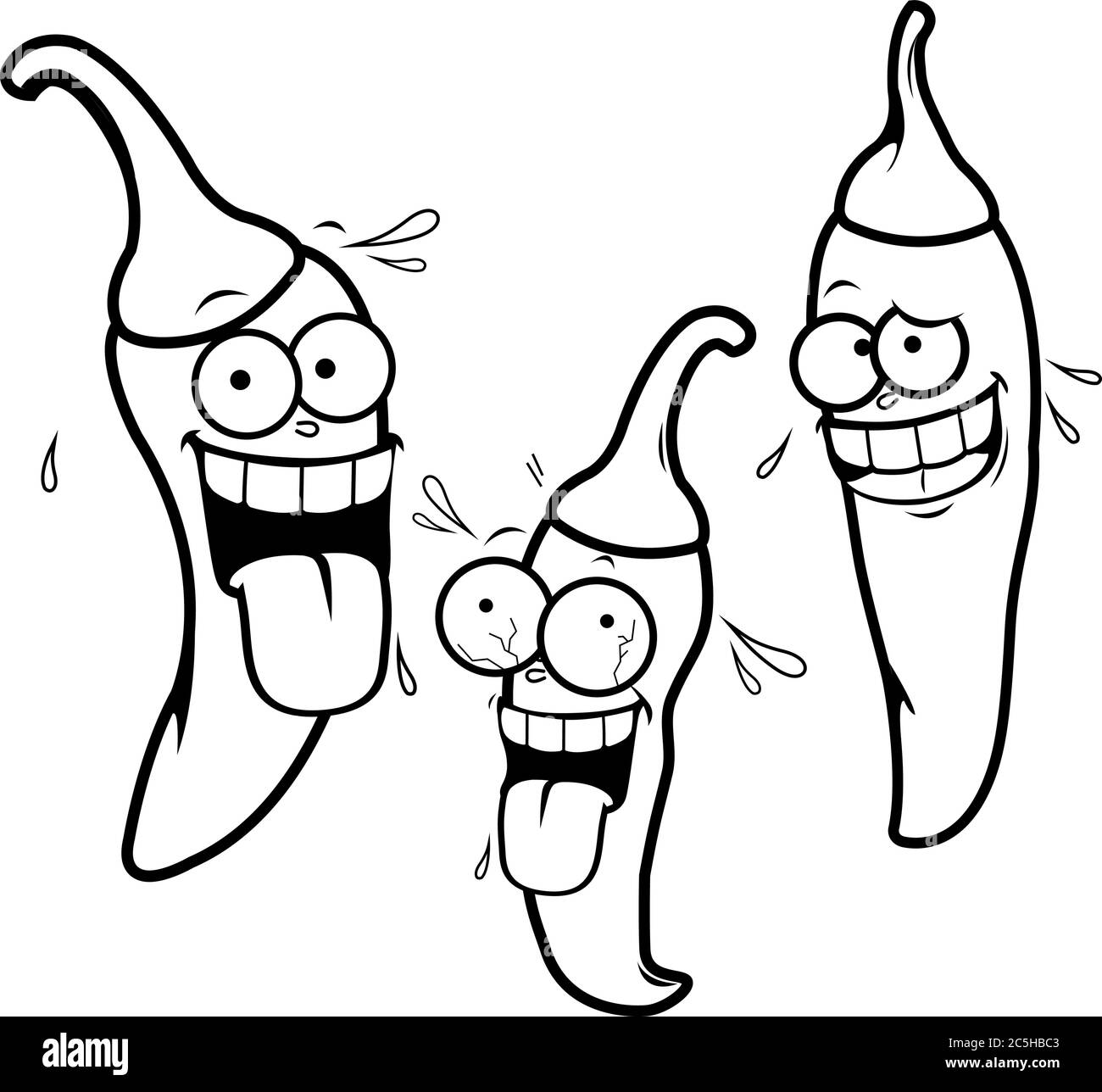 Cartoon hot chili peppers. Vector black and white coloring page Stock Vector