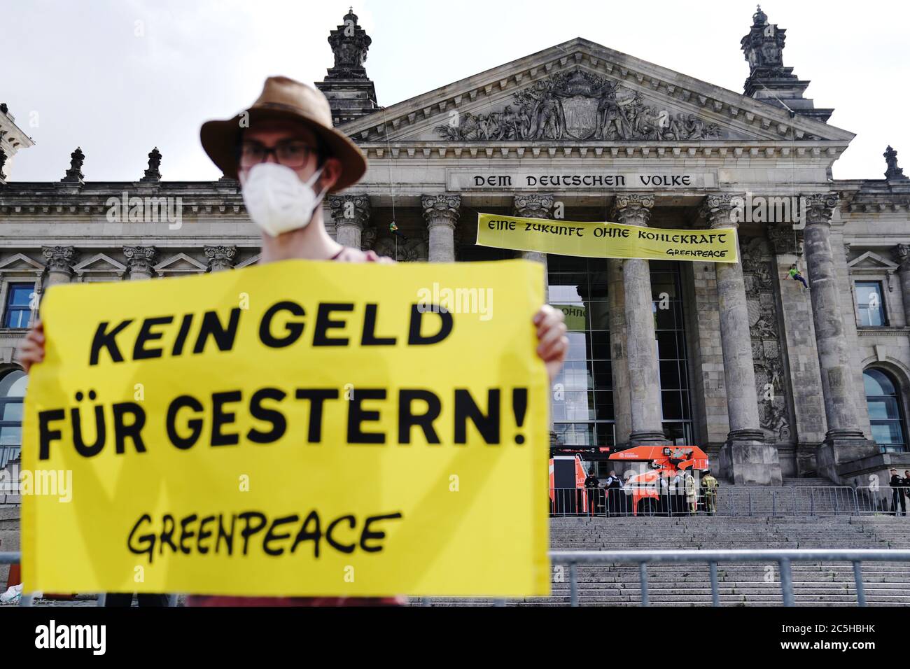 Berlin Germany 03rd July A Greenpeace Activist Protests With A Banner Saying No Money For