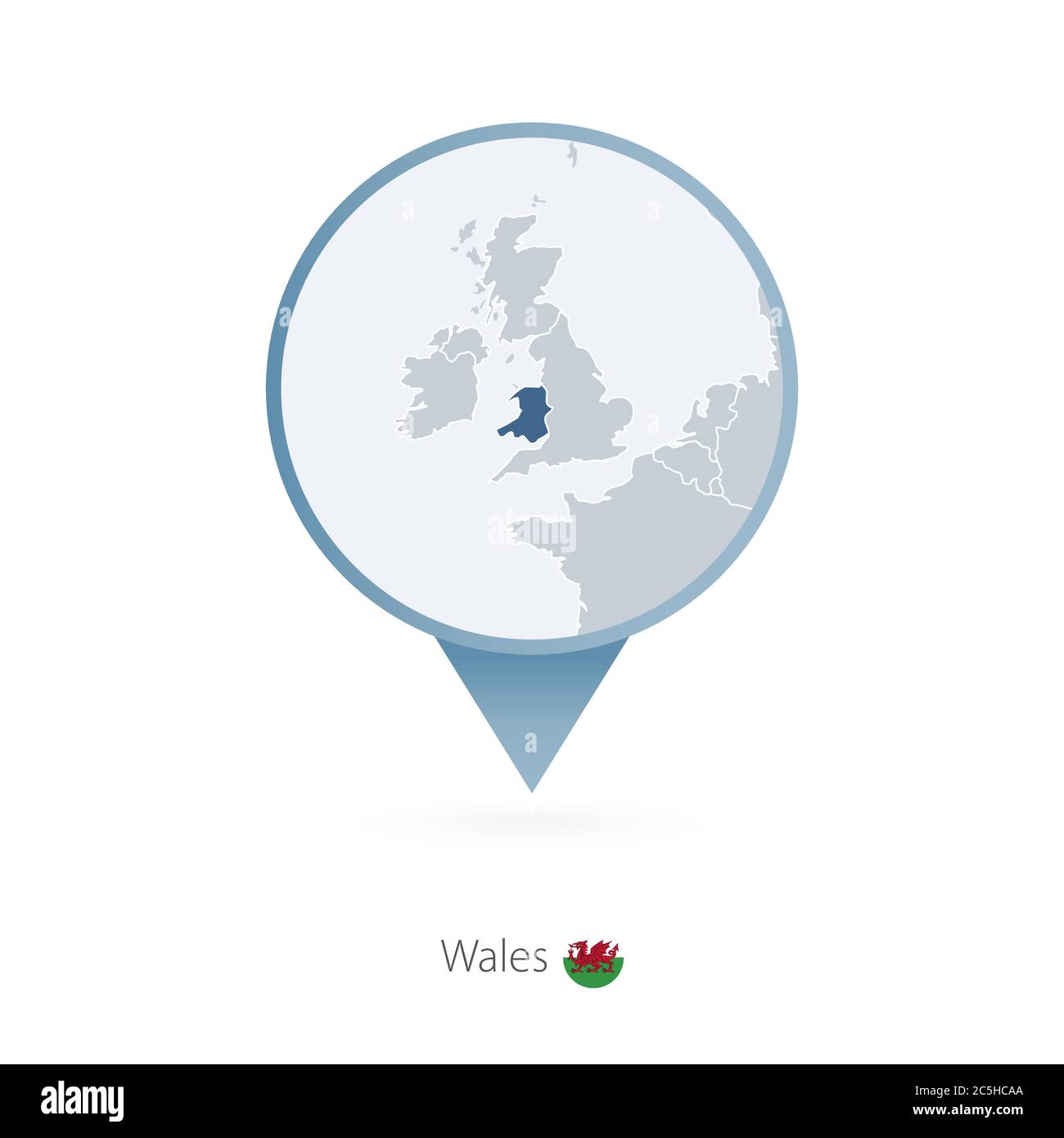 Map pin with detailed map of Wales and neighboring countries. Stock Vector