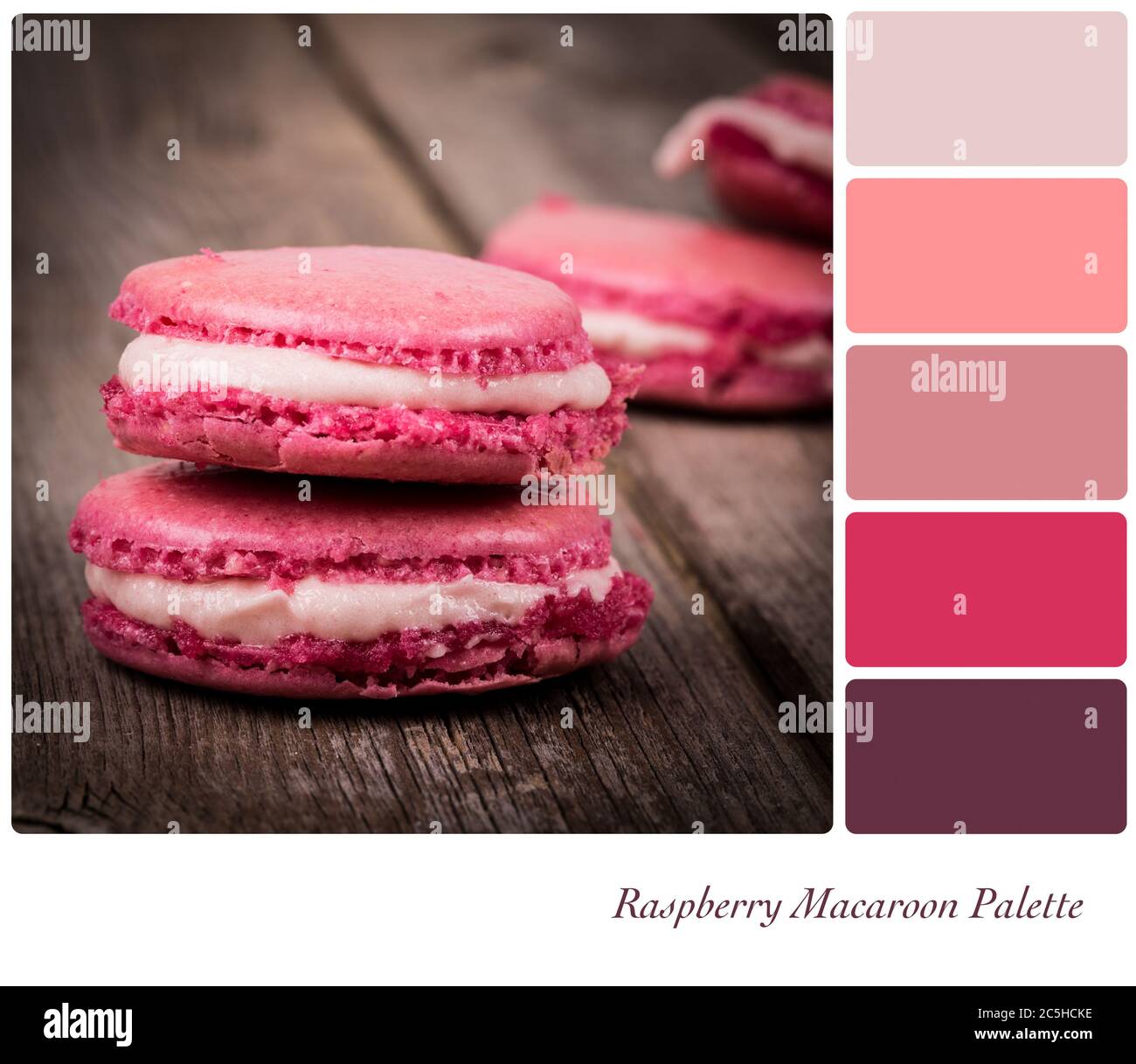 A stack of raspberry macaroon, vintage style over old wooden table,, in a colour palette with complimentary colour swatches Stock Photo