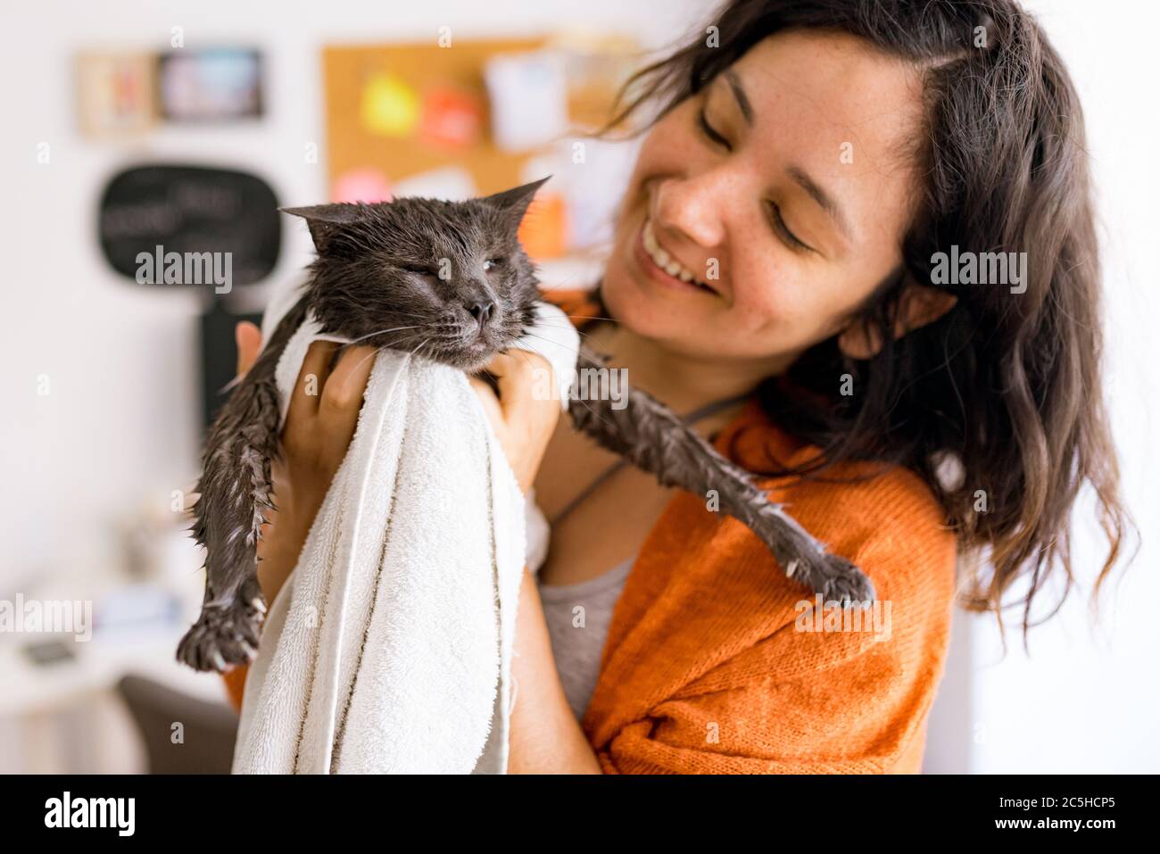 young smiling woman cat washing, taking care of her blind cat and drying with a towel after a bath, cat is not so happy Stock Photo