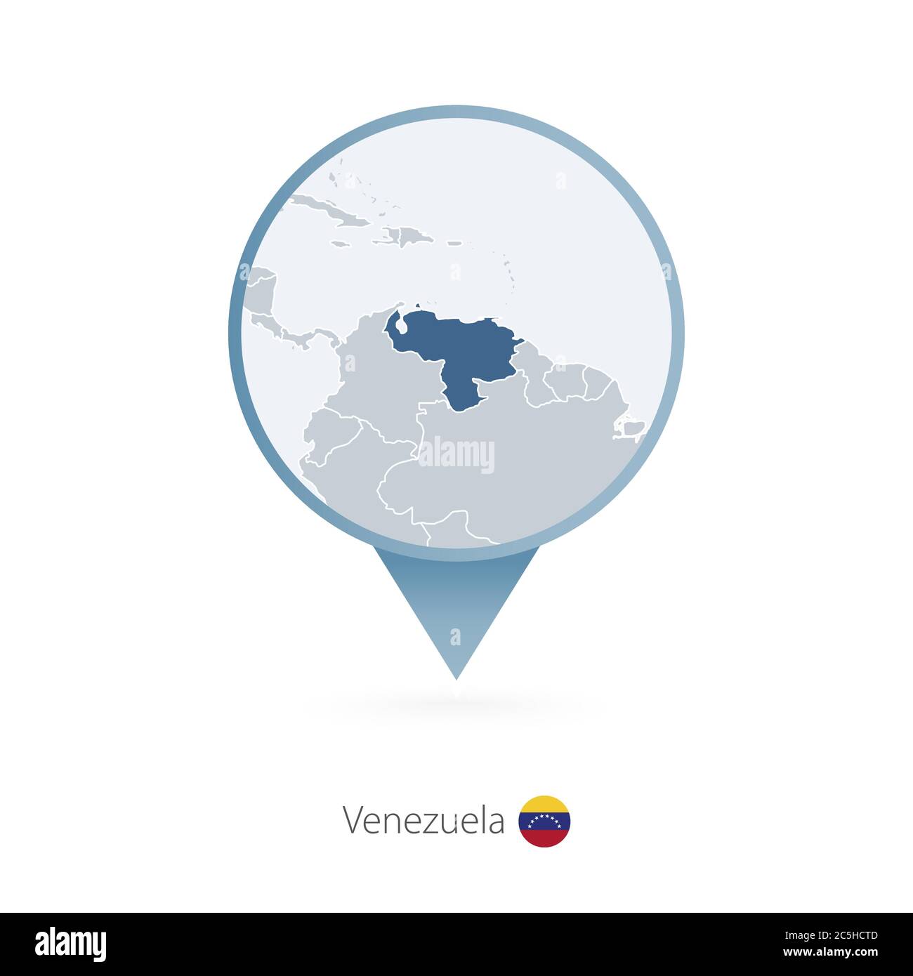 Map pin with detailed map of Venezuela and neighboring countries. Stock Vector