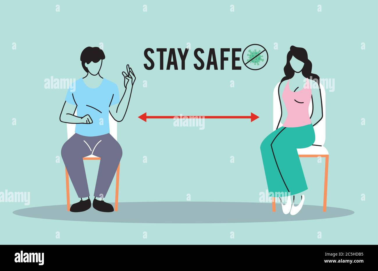 Social distancing between woman and man on chairs design of New normal ...