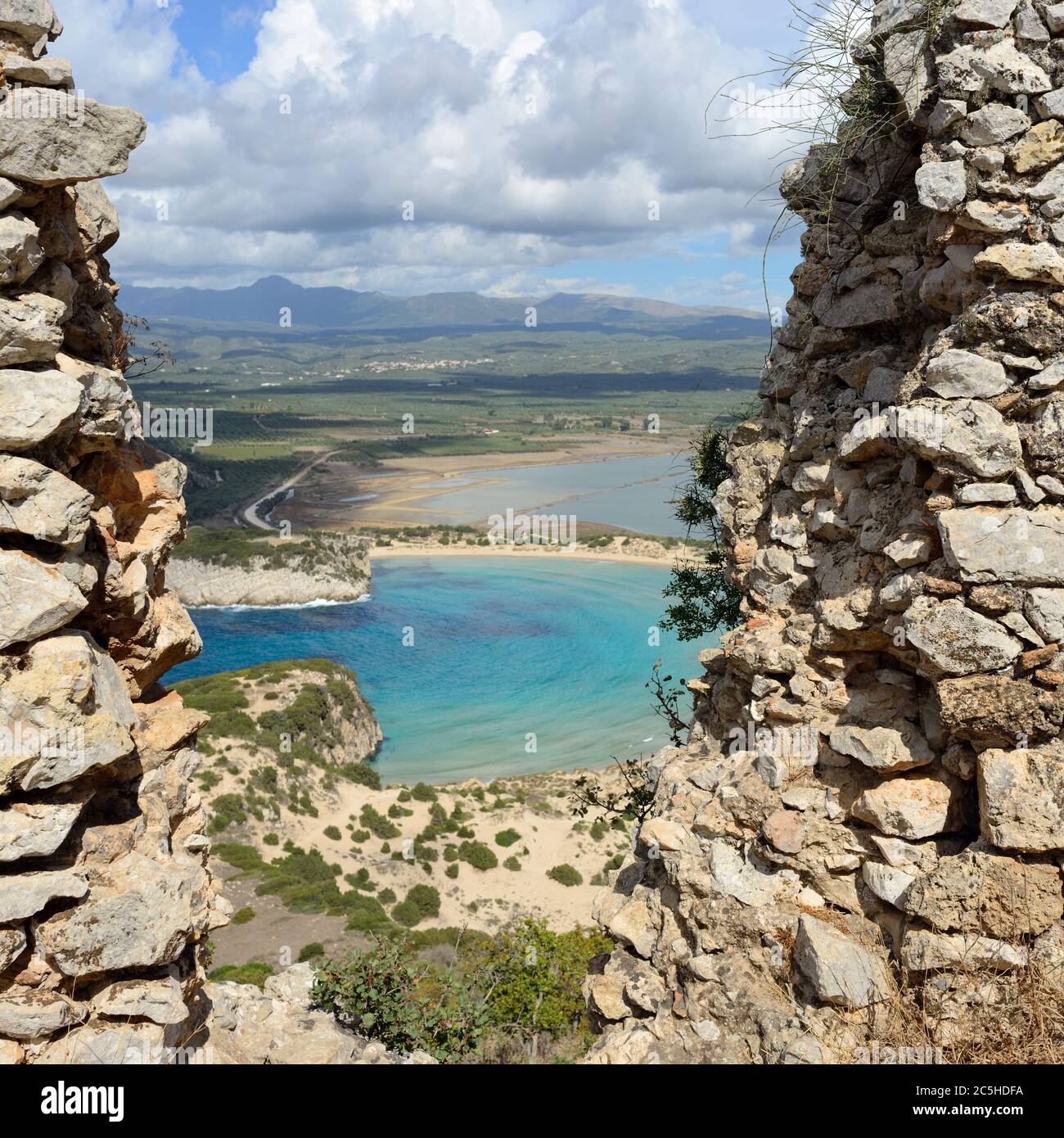 View on Voidokilia and Gialova lagoon from Palaiokastro castle of ancient Pylos. Greece Stock Photo