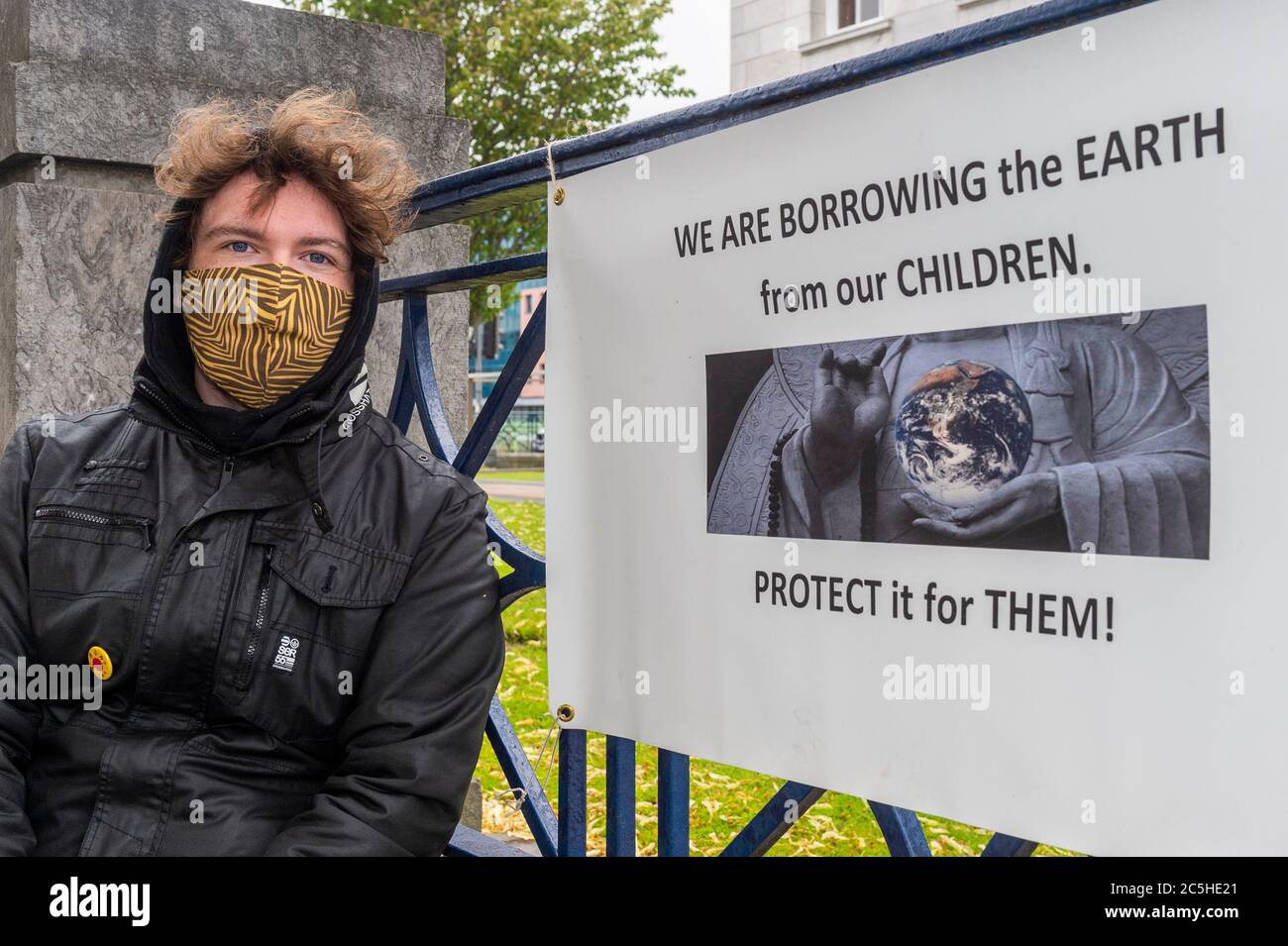 Cork, Ireland. 3rd July, 2020. The Fridays for Future climate protest has resumed after the Covid-19 lockdown. Activists protest every Friday in a school strike for climate. Protesting early this morning was Darragh Cotter from Mayfield. Credit: AG News/Alamy Live News Stock Photo