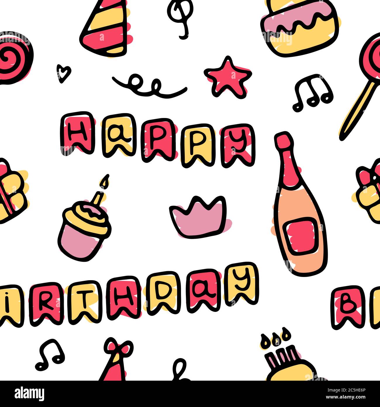 Hand-drawn birthday icon set. Celebration seamless pattern. Vector Stock Vector