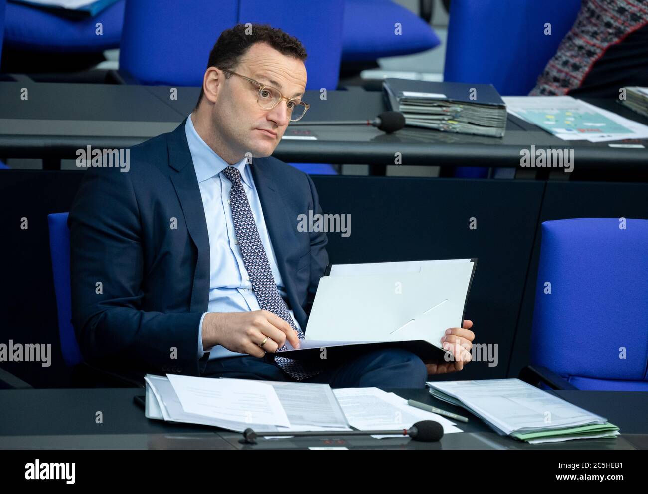 Berlin, Germany. 03rd July, 2020. Jens Spahn (CDU), Federal Minister of Health, sits in the plenary session of the German Bundestag. The main topics of the 171st session of the 19th legislative period are the adoption of the Coal Exit Act, a topical hour on the excesses of violence in Stuttgart, as well as debates on electoral law reform, the protection of electronic patient data, the welfare of farm animals and the German chairmanship of the UN Security Council. Credit: Bernd von Jutrczenka/dpa/Alamy Live News Stock Photo