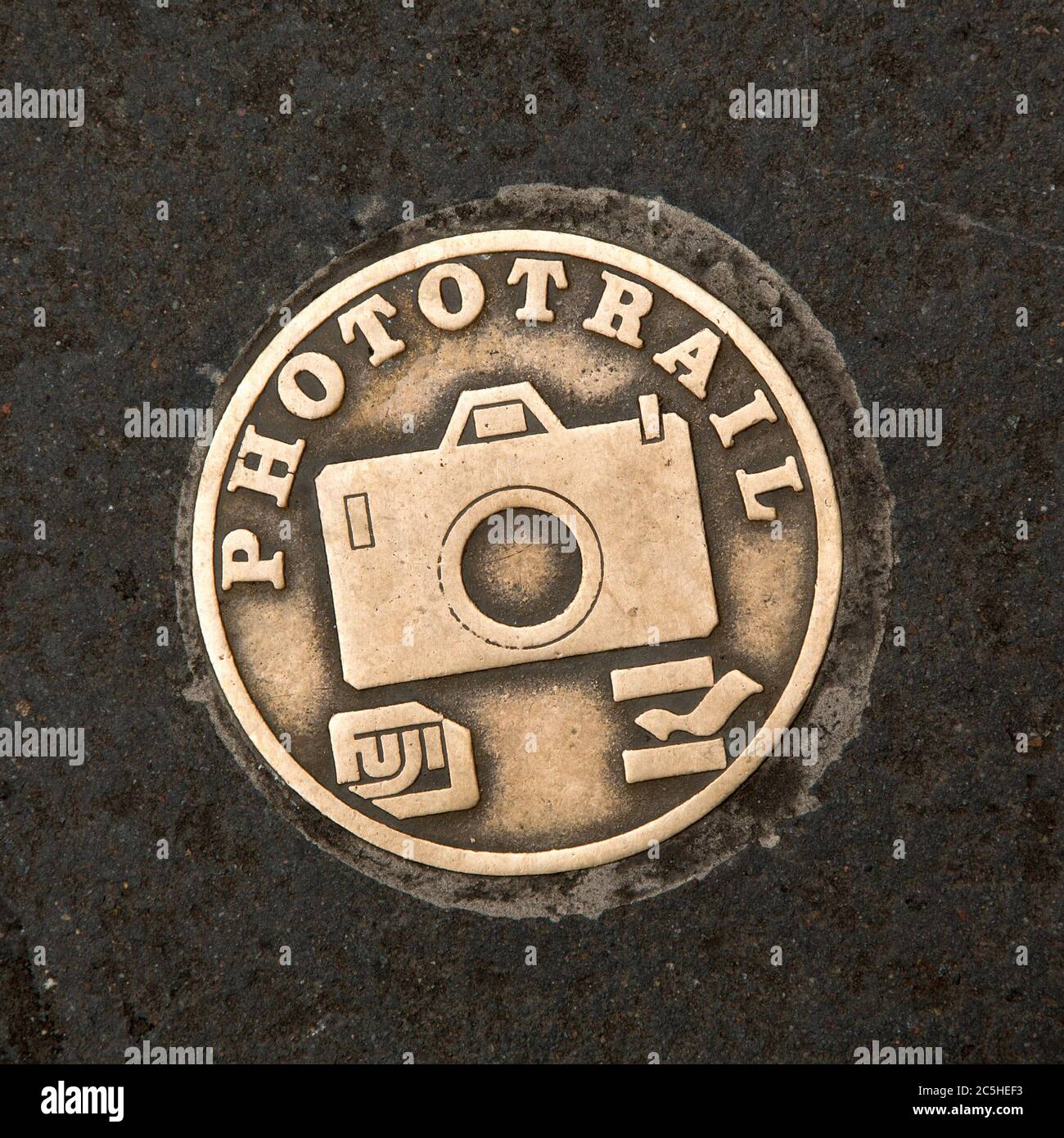 EDINBURGH SCOTLAND OCT 11: Fuji Phototrail plaque inset into pavement to show photographic points of interest in Edinburgh. Scotland on October 11 201 Stock Photo