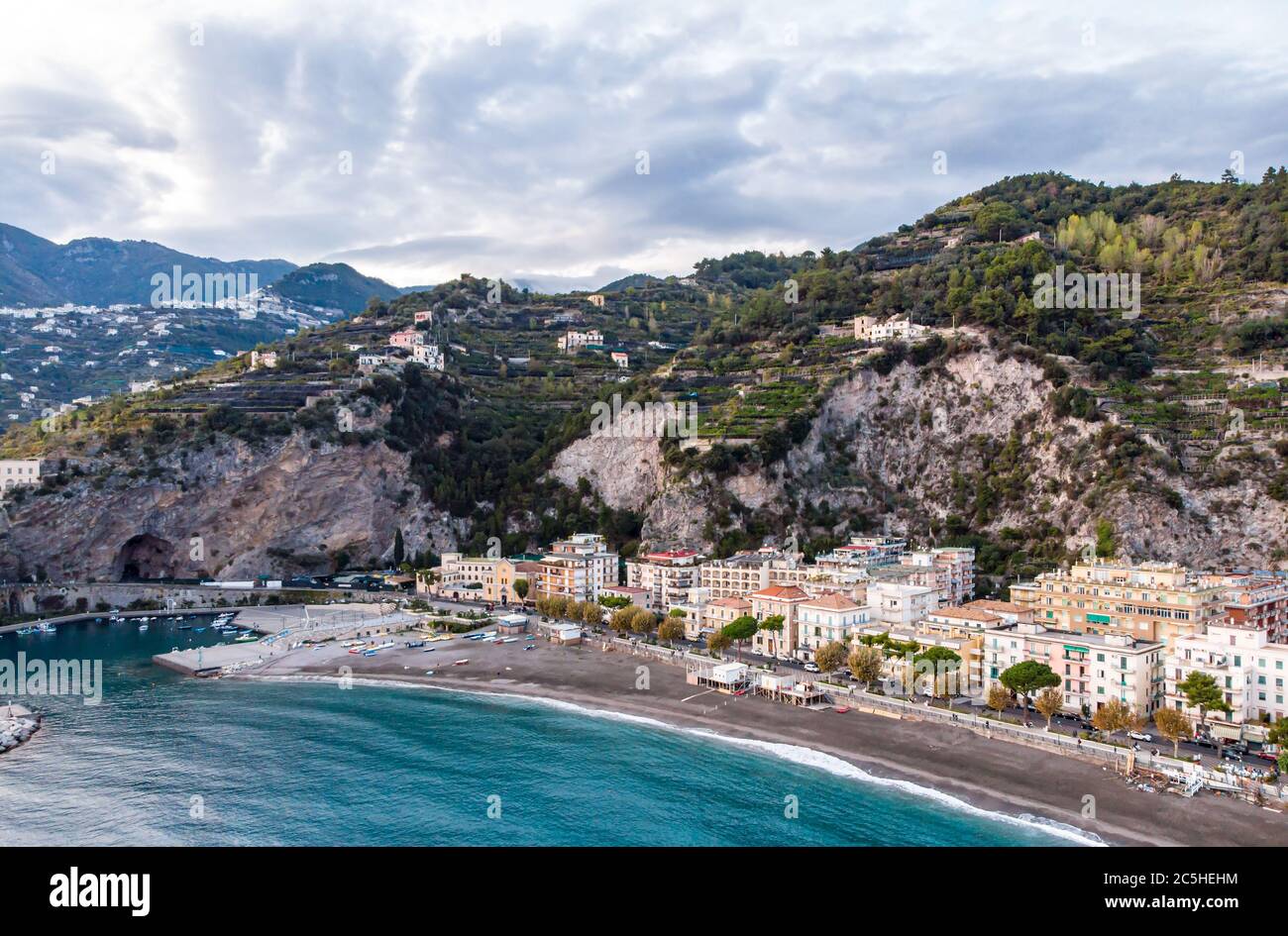 Aerial drome sunset view of resort village Minori, Amalfi coast, Italy ...